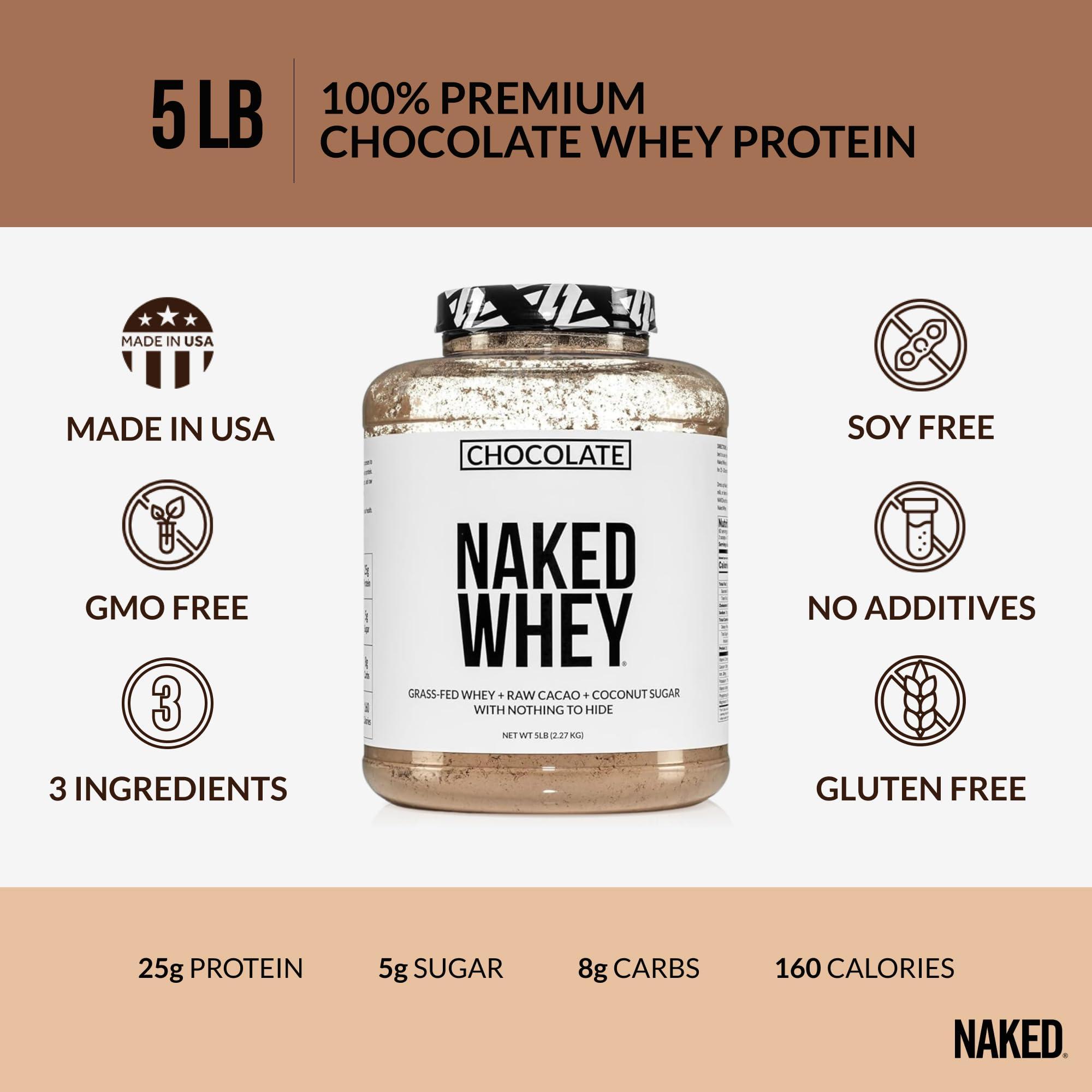 NAKED nutrition NAKED Whey Protein Supplement Powder, Chocolate, GMO Free, Soy Free, Gluten Free Aid Muscle Growth and Recovery 60 Servings, 5 Ib