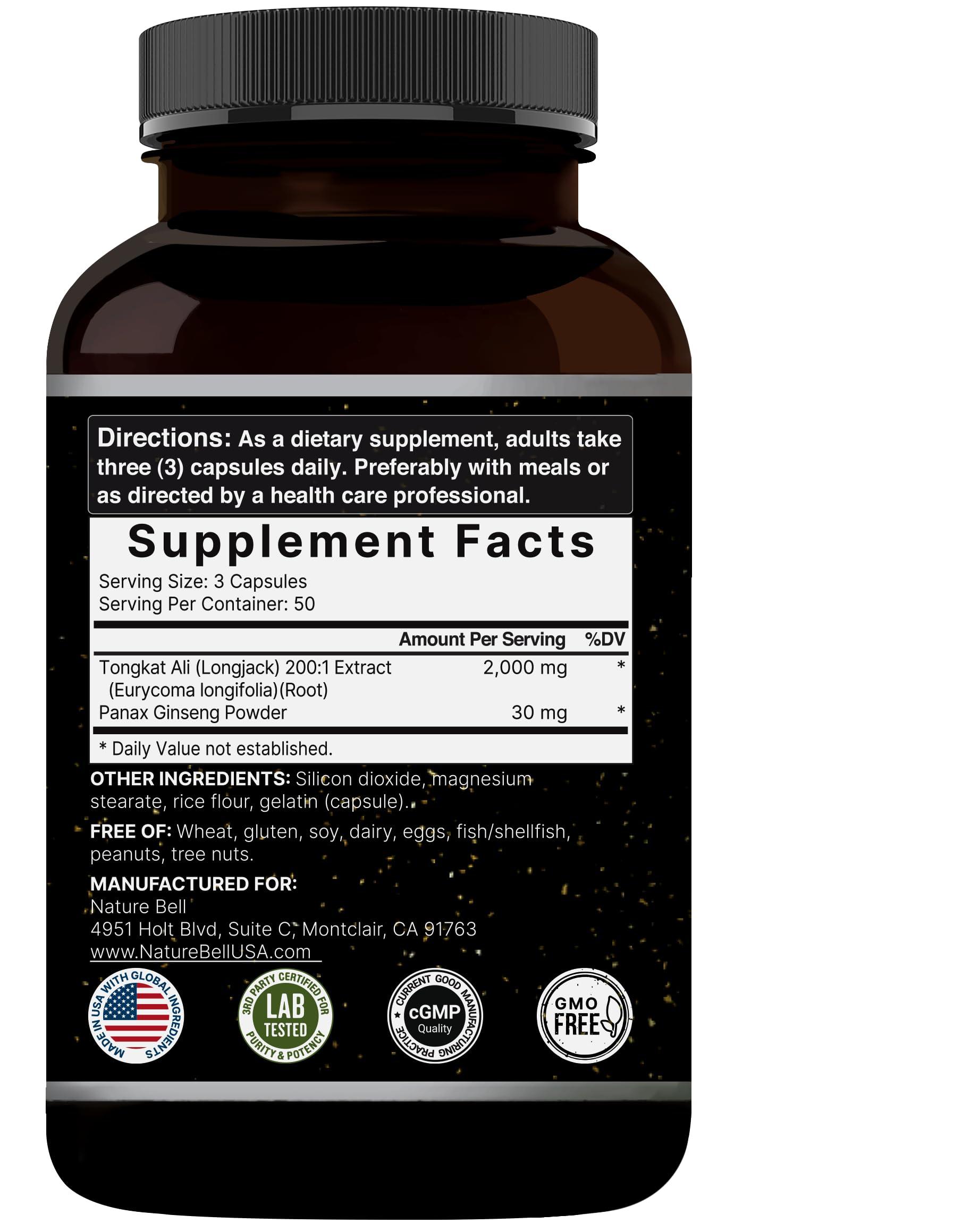 NatureBell Tongkat Ali 200:1 (Longjack) Extract for Men, 2000mg Per Serving, Indonesia Origin, Eurycoma Longifolia | with Panax Ginseng for Energy, Stamina, & Male Health Support (150 Count (Pack of 2))