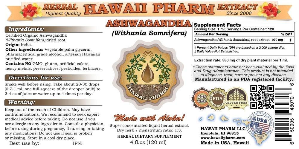 HawaiiPharm Ashwagandha Liquid Extract, Organic Ashwagandha (Withania Somnifera) Dried Root Tincture Supplement 2x32 oz Unfiltered