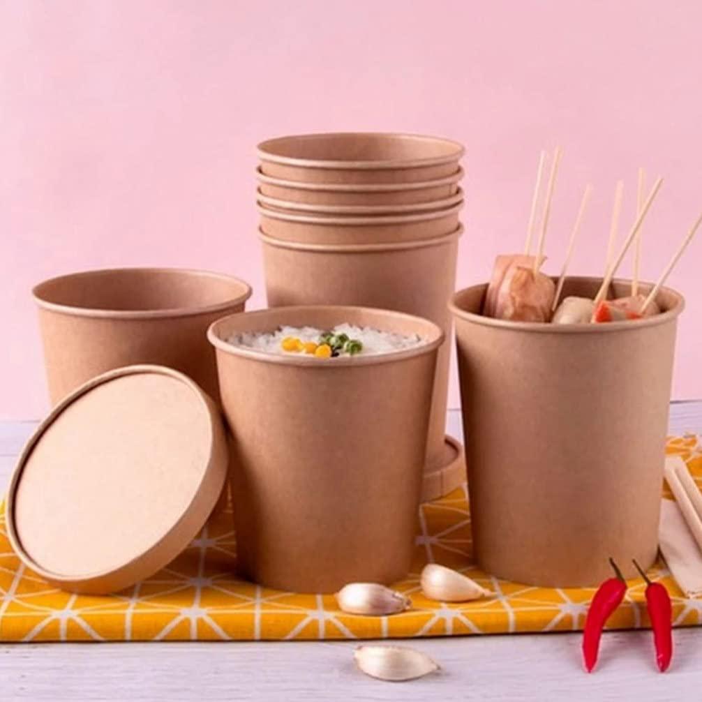Hemoton Hemoton 25 Pack 32 oz Kraft Paper Cups with Lids- Disposable Soup Containers with Lids Ice Cream Cups with Lids- Microwavable and Freezer (25Cups& 25 Lids)
