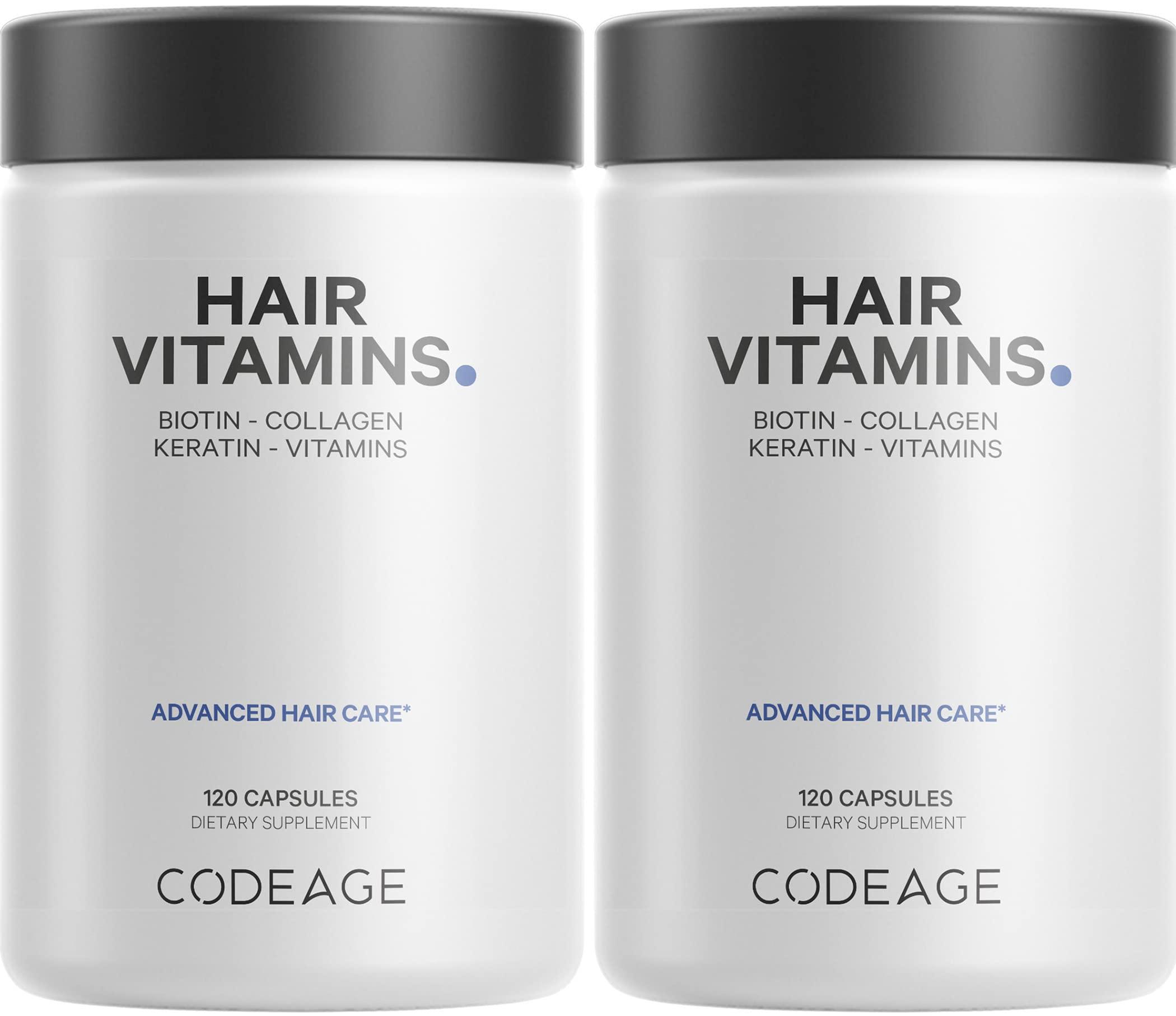 Codeage Codeage Hair Vitamins 10000 mcg Biotin, Keratin, Collagen, Vitamin A, B12, C, D3, E, Zinc, Turmeric, Probiotics, Enzymes, Inositol - Hair Care Support - Healthy Hair Supplement Pills - 2 Pack