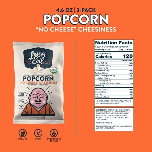 Lesserevil LesserEvil No Cheese Cheesiness Organic Popcorn, Premium Quality, Minimally Processed, No Vegetable Oil, 4.6 Oz, Pack of 3.