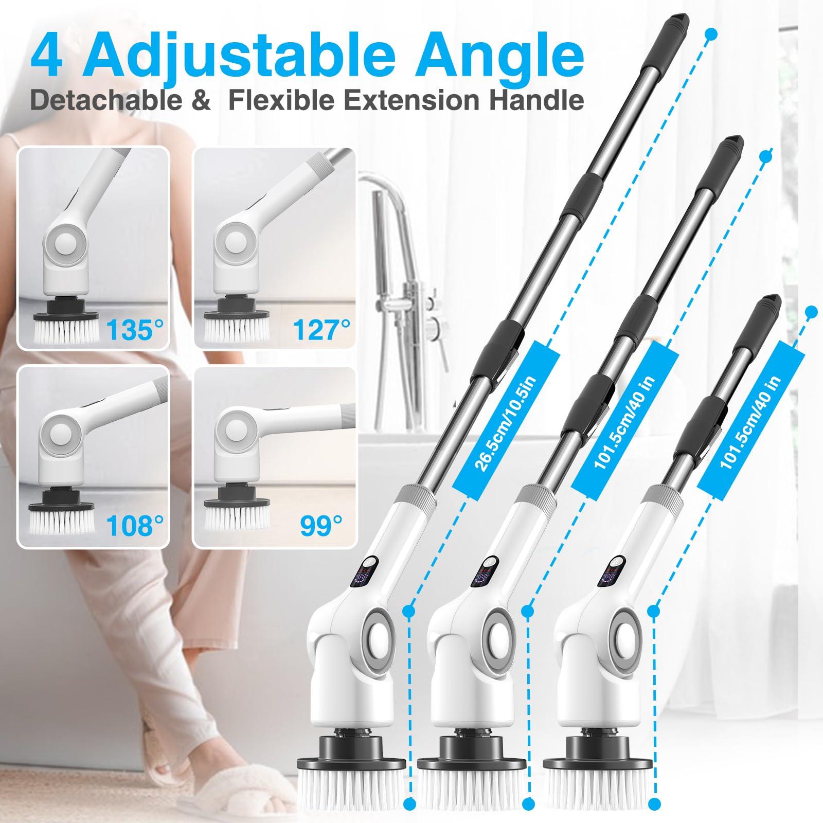 Bamifun Angle Adjustable Electric Spin Scrubber Cordless Cleaning Brush with 3 Speeds Cordless Scrubber Home Electric Scrubber Power Scrubber Shower Scrubber Power Display Screen for Bathroom Kitchen