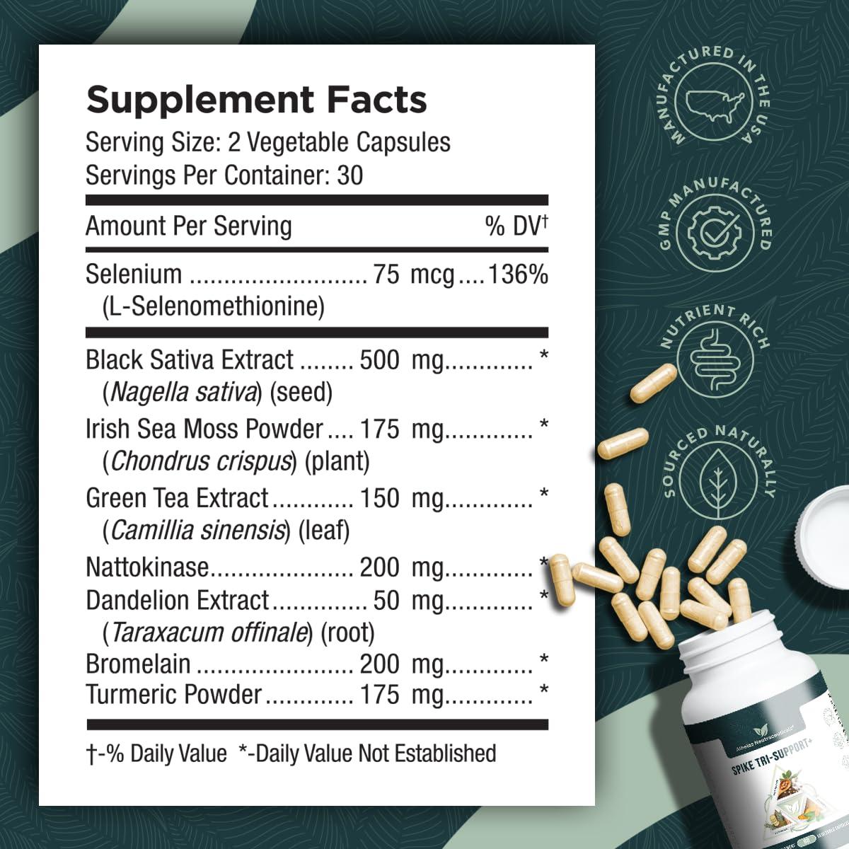 Athelas Neutraceuticals Spike Tri-Support+ with Nattokinase, Bromelain, and Turmeric - Includes Dandelion Extract, Black Seed Extract, Green Tea Leaf, Selenium for A Full Spectrum Spike Support Supplement