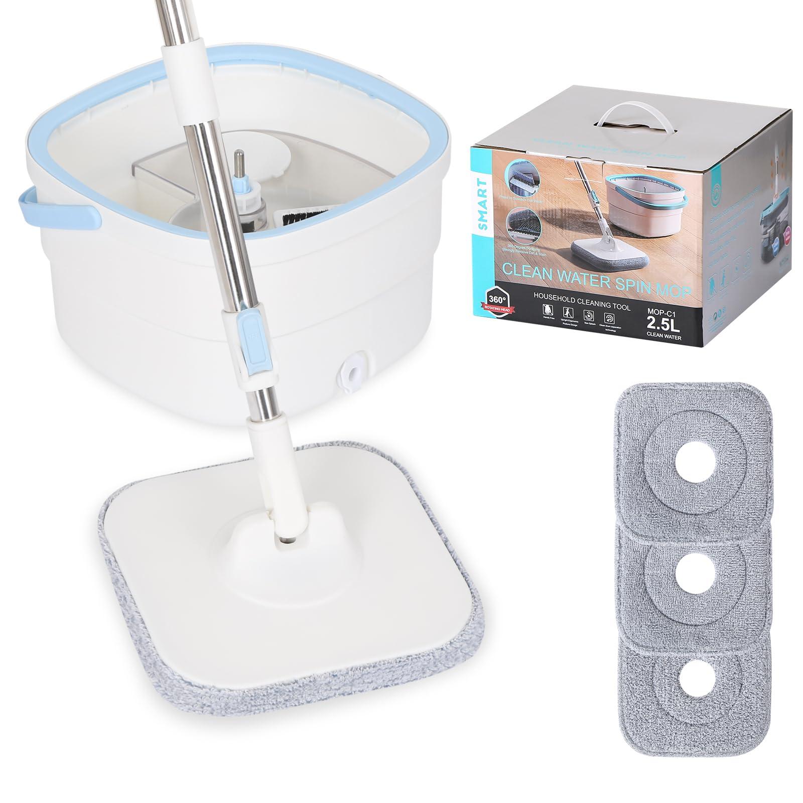 CIWEI Spin Mop, Mop and Bucket with Wringer Set for Home Cleaning Spinning Mops with Separate Dirty and Clean Water Wet and Dry Mop for Floors (Square Spin Mop, 3 Washable Microfiber Mop Pads)