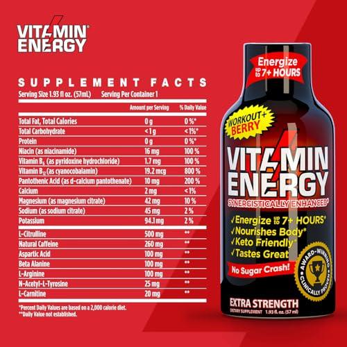 Vitamin Energy Vitamin Energy Pre Workout Drink - Keto Friendly Sugar Free Shots | Natural Clean Green Tea Caffeine with Proprietary Endurance Blend | Energize up to 7+ Hours - Berry - 1.93 Fl Oz- Pack of 48