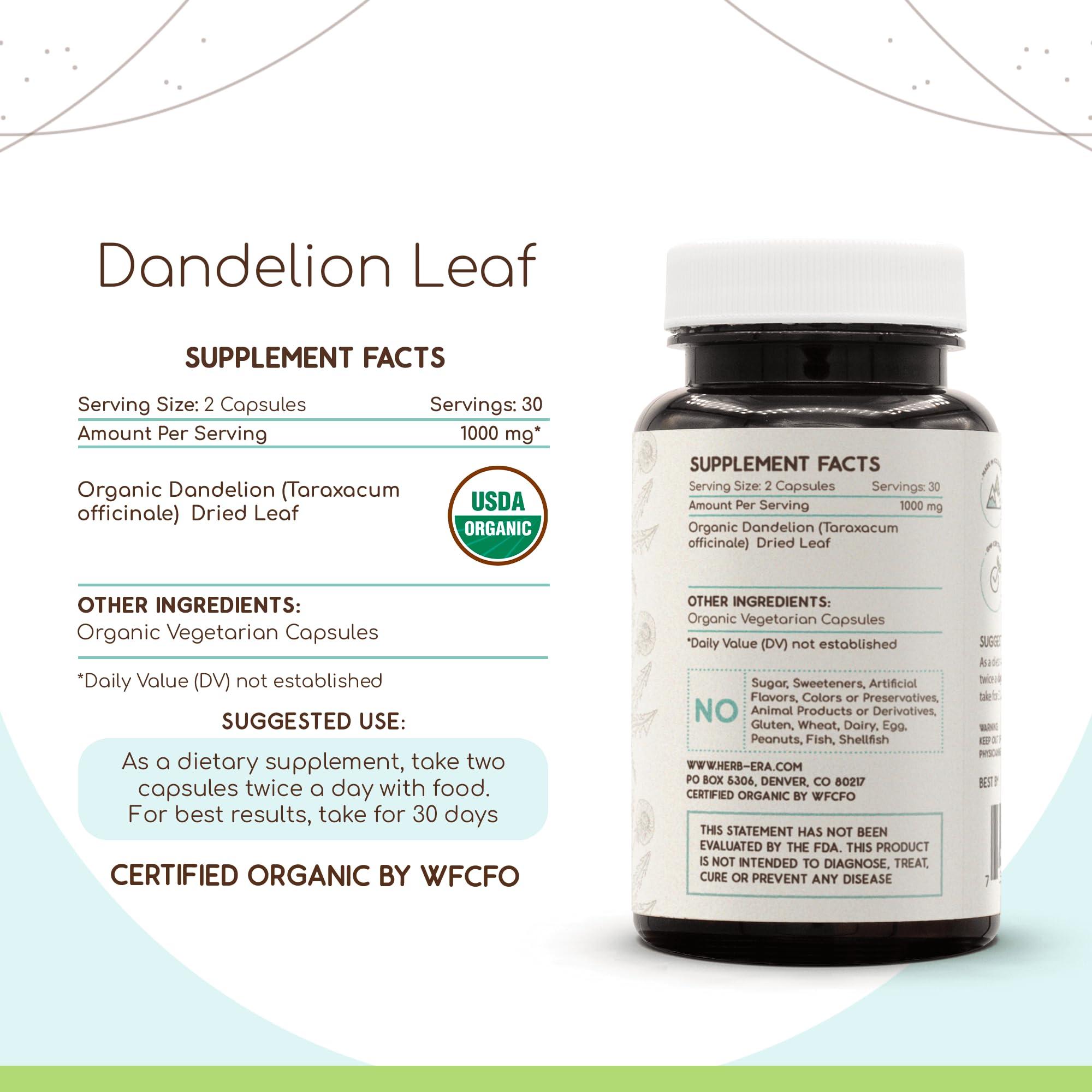 HerbEra HerbEra Dandelion Leaf 60 Capsules, 500 mg, USDA Organic Dandelion (Taraxacum Officinale) Dried Leaf (60 Capsules)
