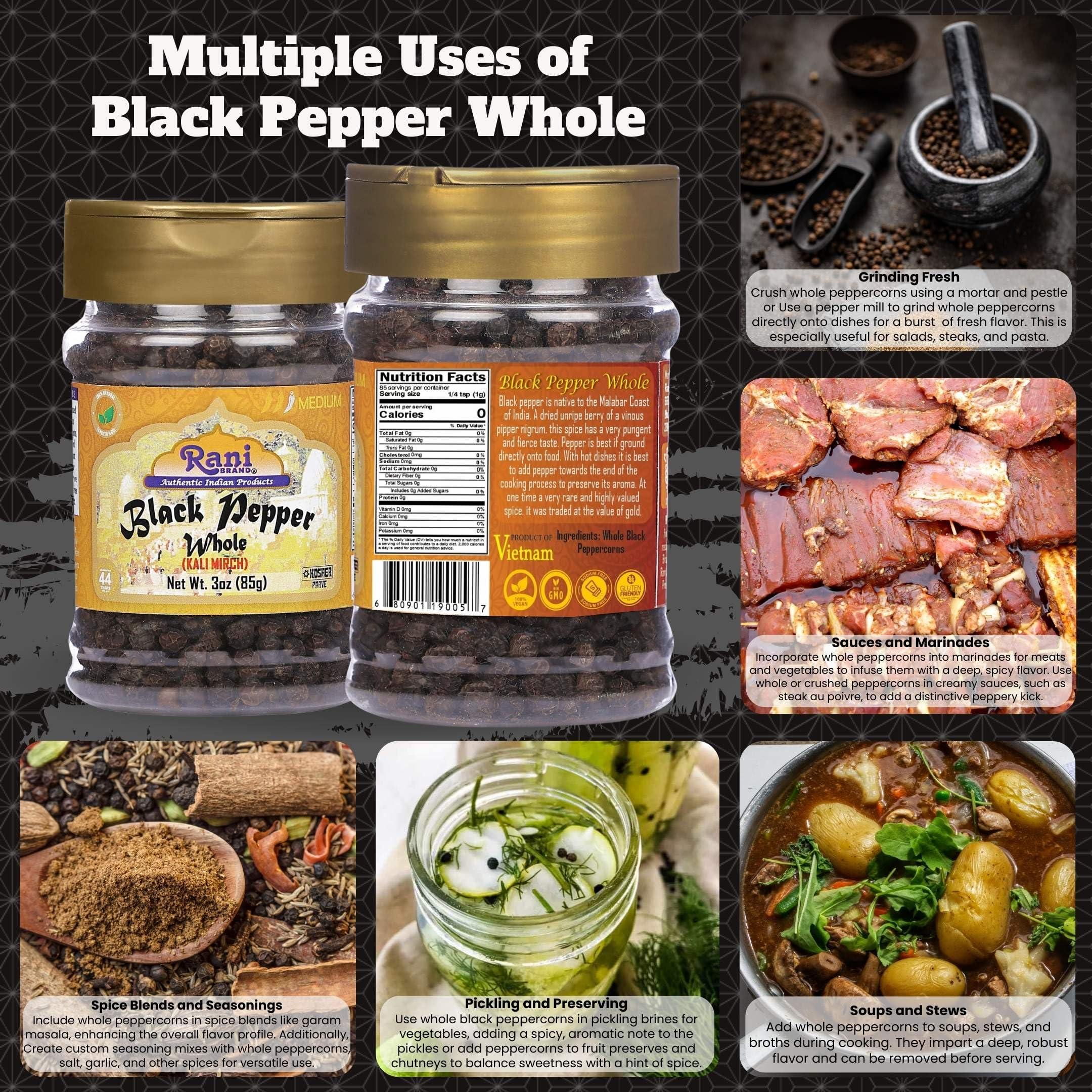 Rani Brand Authentic Indian Products Rani Black Pepper Whole (Peppercorns), Premium MG-1 Grade 3oz (85g) PET Jar ~ All Natural | Gluten Friendly | Non-GMO | Kosher | Product of Vietnam | Perfect size for Grinders!