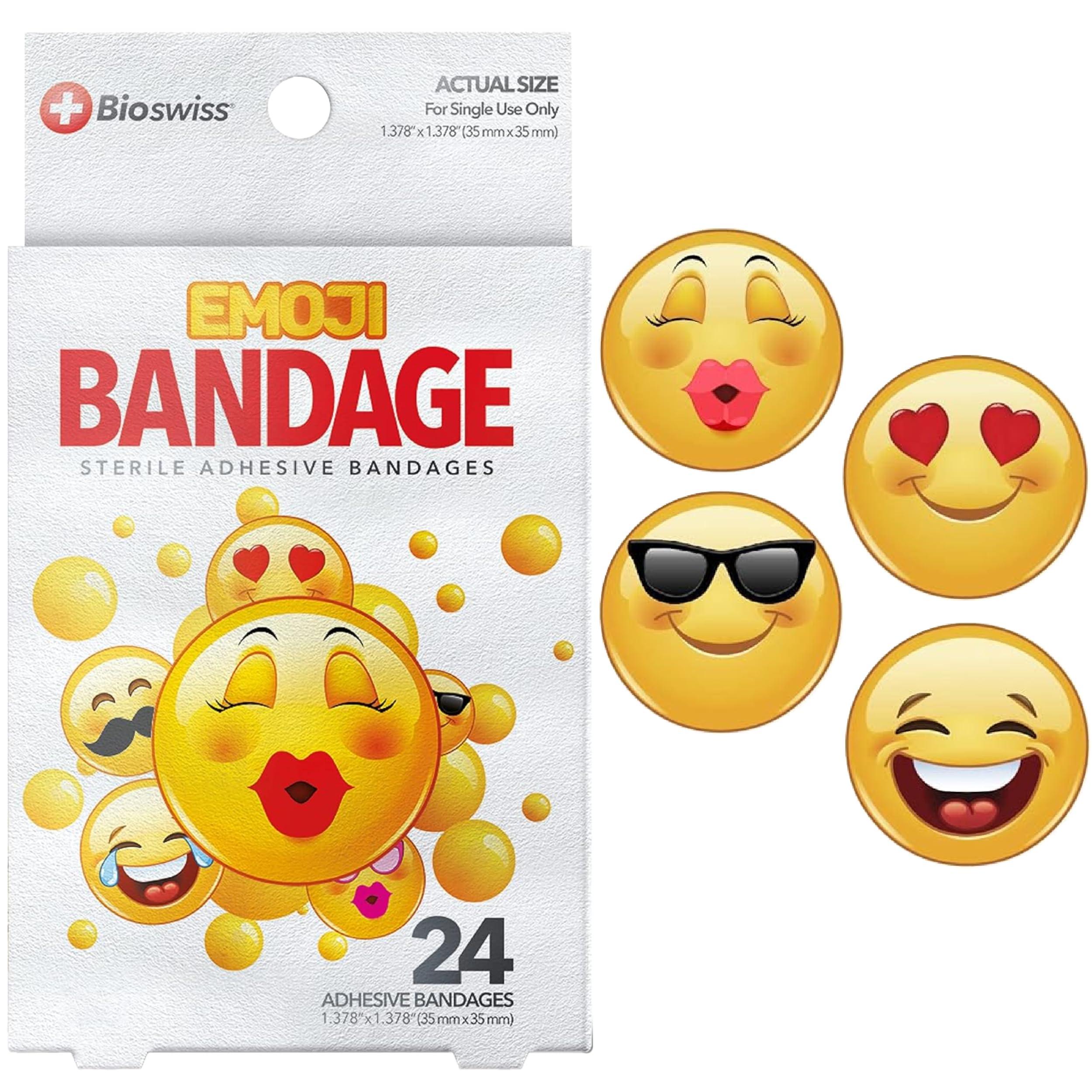 BioSwiss BioSwiss Bandages, Emoji Shaped Self Adhesive Bandage, Latex Free Sterile Wound Care, Fun First Aid Kit Supplies for Kids, 24 Count