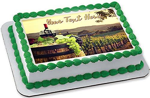 Edible Prints On Cake Red Wine with Barrel on Vineyard - Edible Cake Topper - 7.5" x 10" (1/4 sheet) rectangular