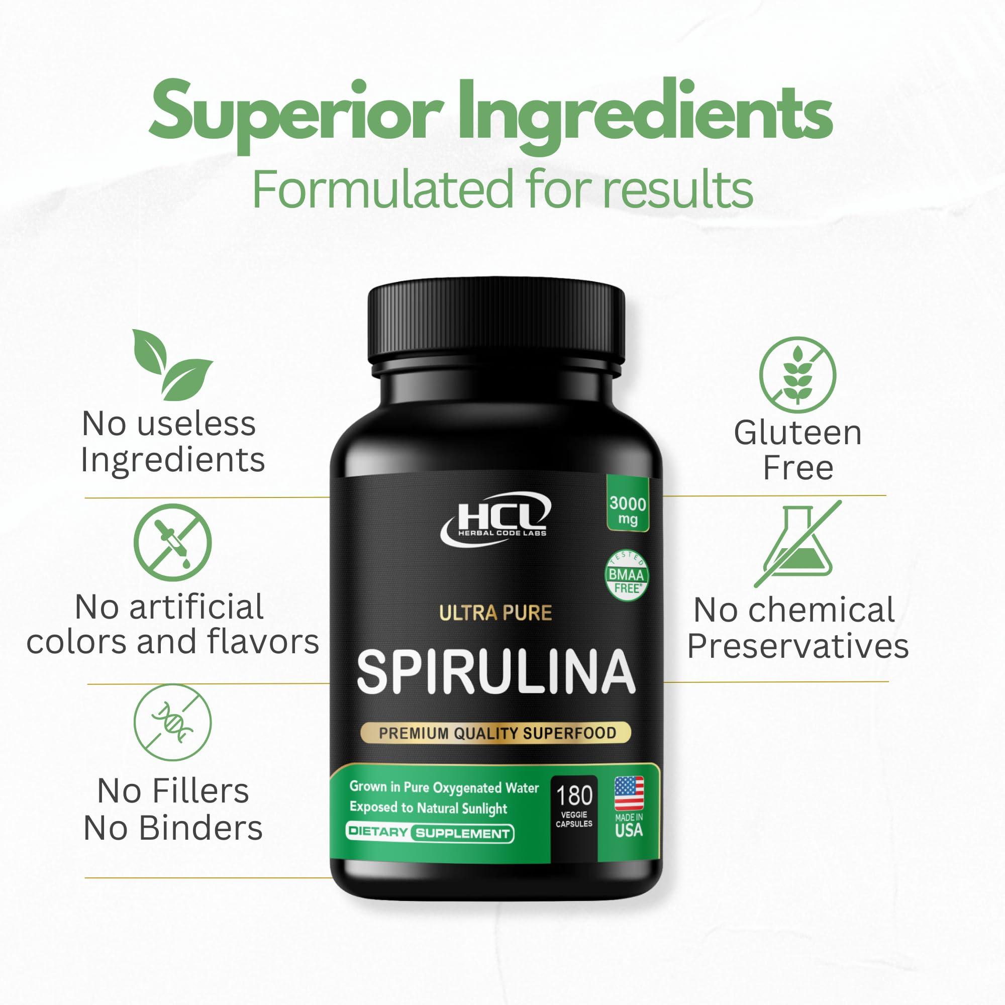 HCL HERBAL CODE LABS Organic Spirulina Powder Capsules 3000 mg - Purest Non-Irradiated Blue Green Algae - Best Raw Vegan Protein - Green Superfood - Natural Multivitamins – 180 Pills Made in The USA