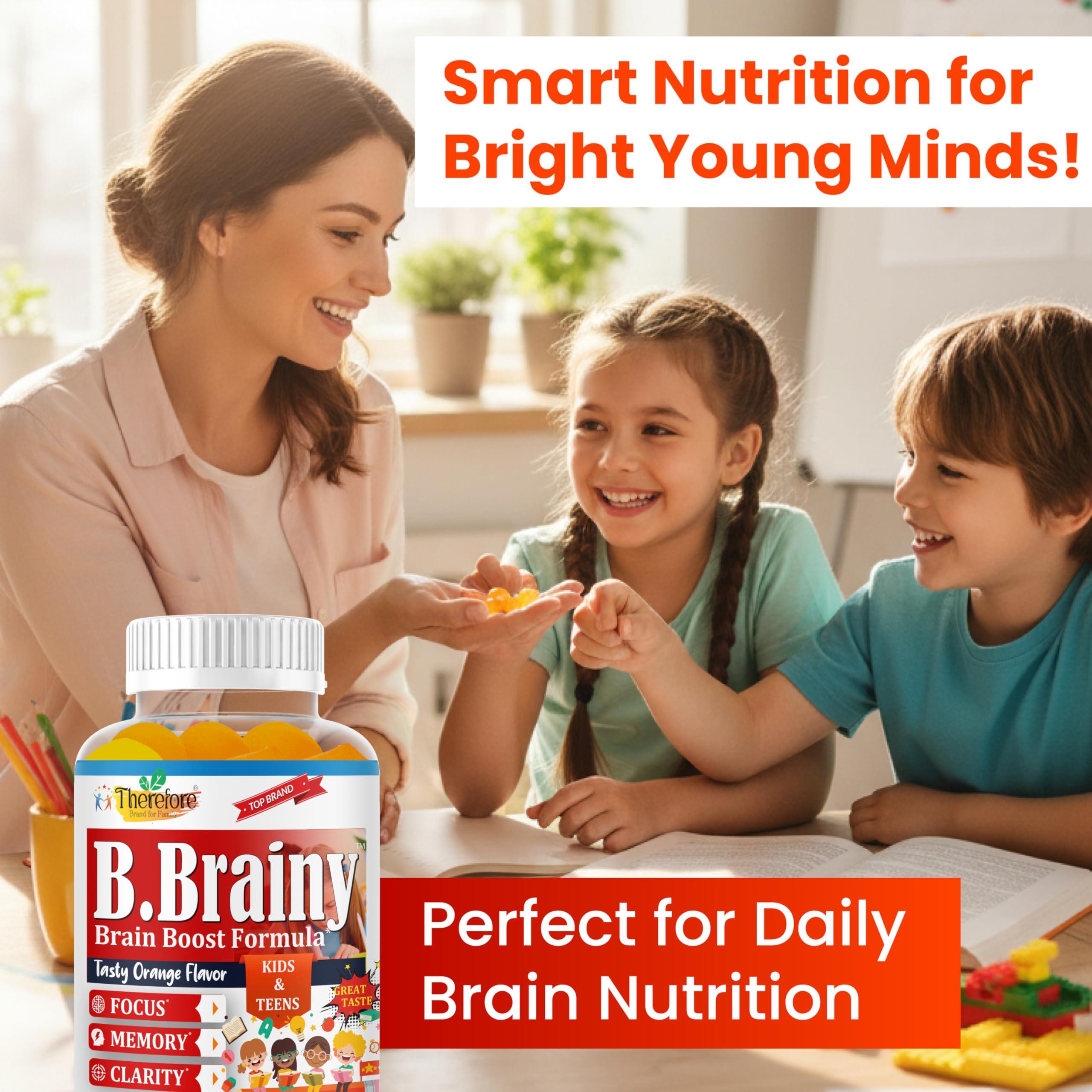 Therefore B.Brainy Brain Focus Gummies for Kids & Teens, Attentive Child Supplement, Brain Focus Vitamins for Kids & Teens, Vegan Omega 3 EPA/DHA, Support Memory, Clarity, Concentration, Low Sugar 60 Gummies