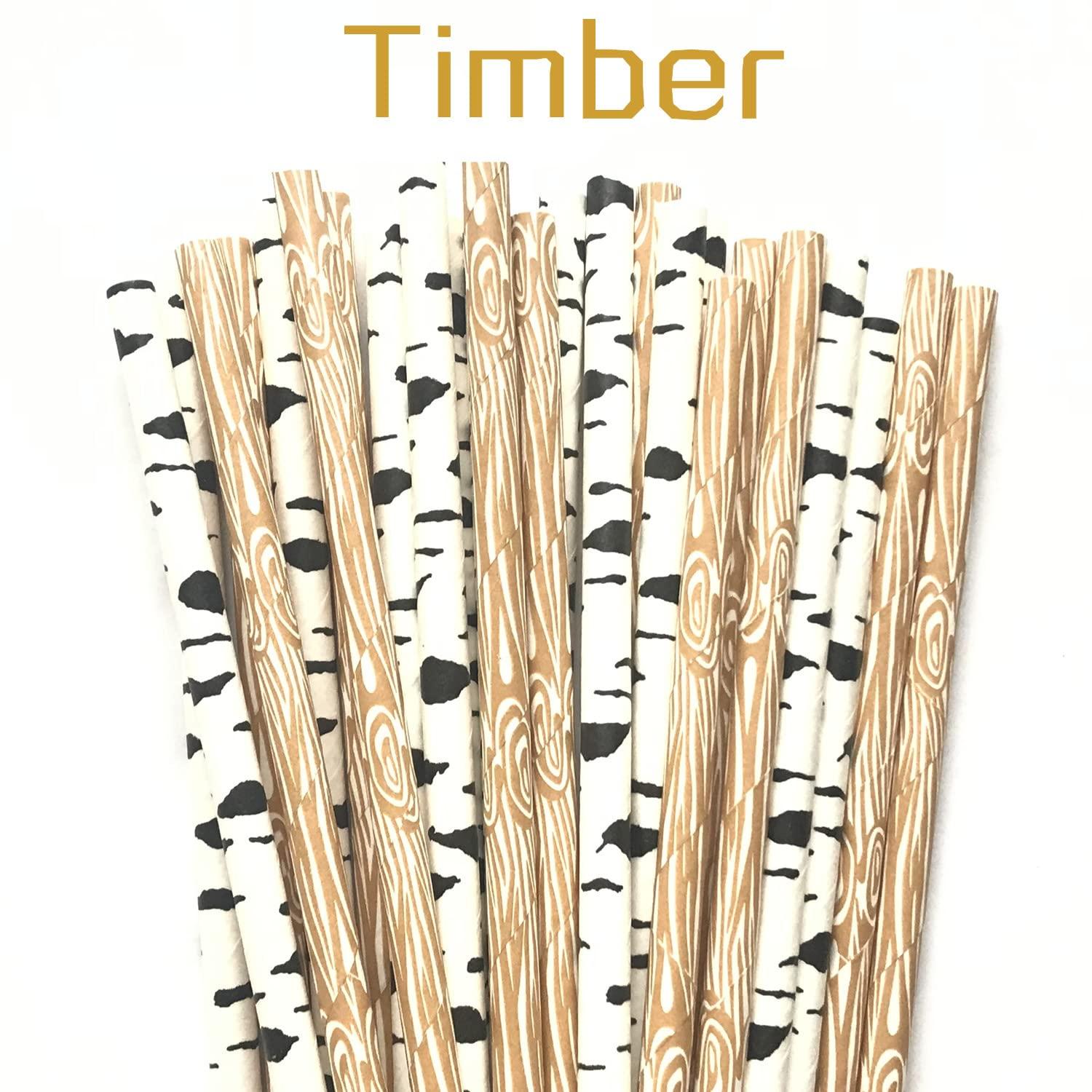Generic 100 pcs Mixed Party Paper Straws Bulk, Cute Tree Wood Grain Black Birch Woodland Rustic Drinking Straws Bulk, Picnic Camp Safari Outdoor Birthday Baby Bridal Shower Wedding Cake Pop Sticks (Timber)