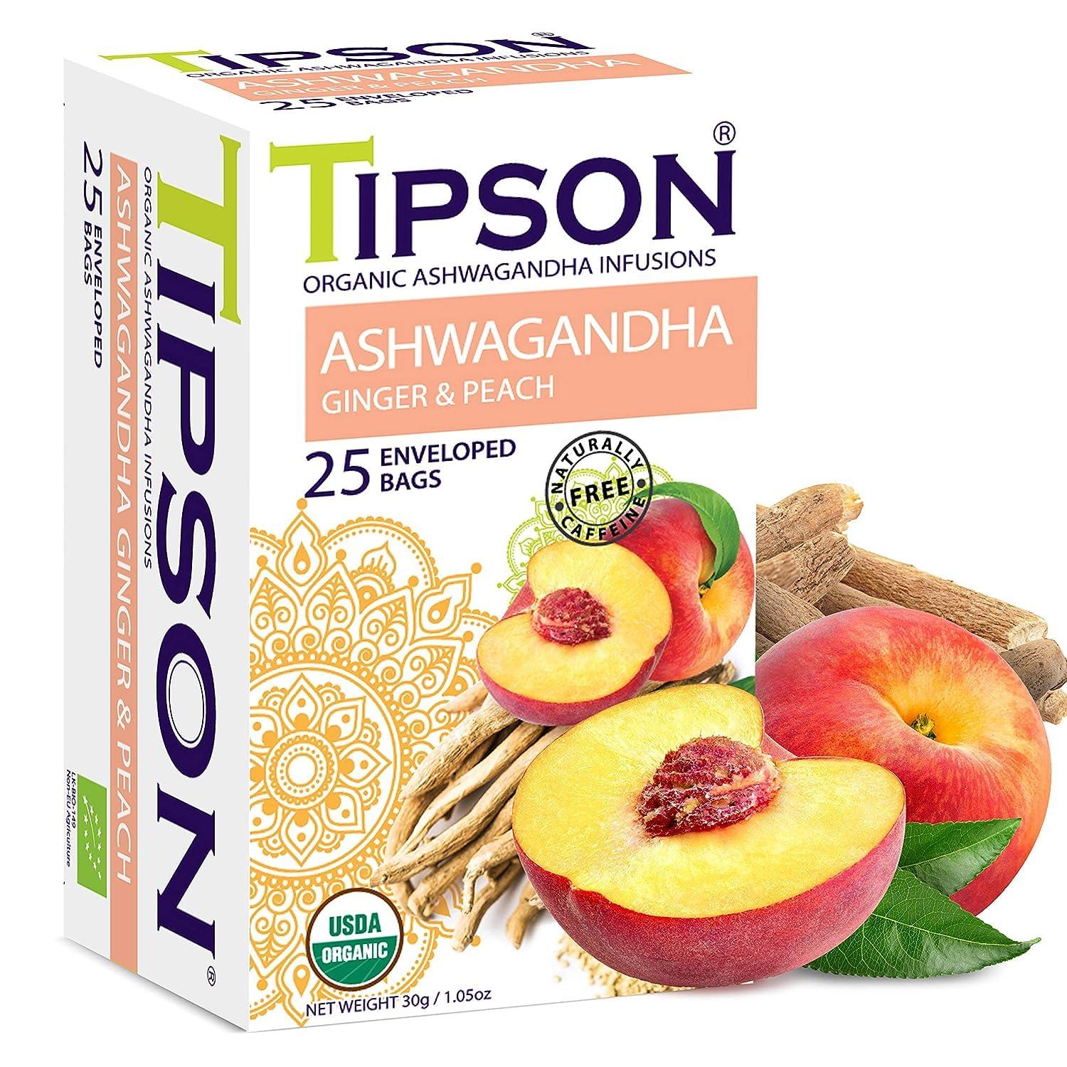 Tipson Tipson Organic Ashwagandha Tea Infusions - Ginger & Peach - Caffeine Free, Non GMO, Gluten Free - 25 Premium Tea Bags (Pack of 1)