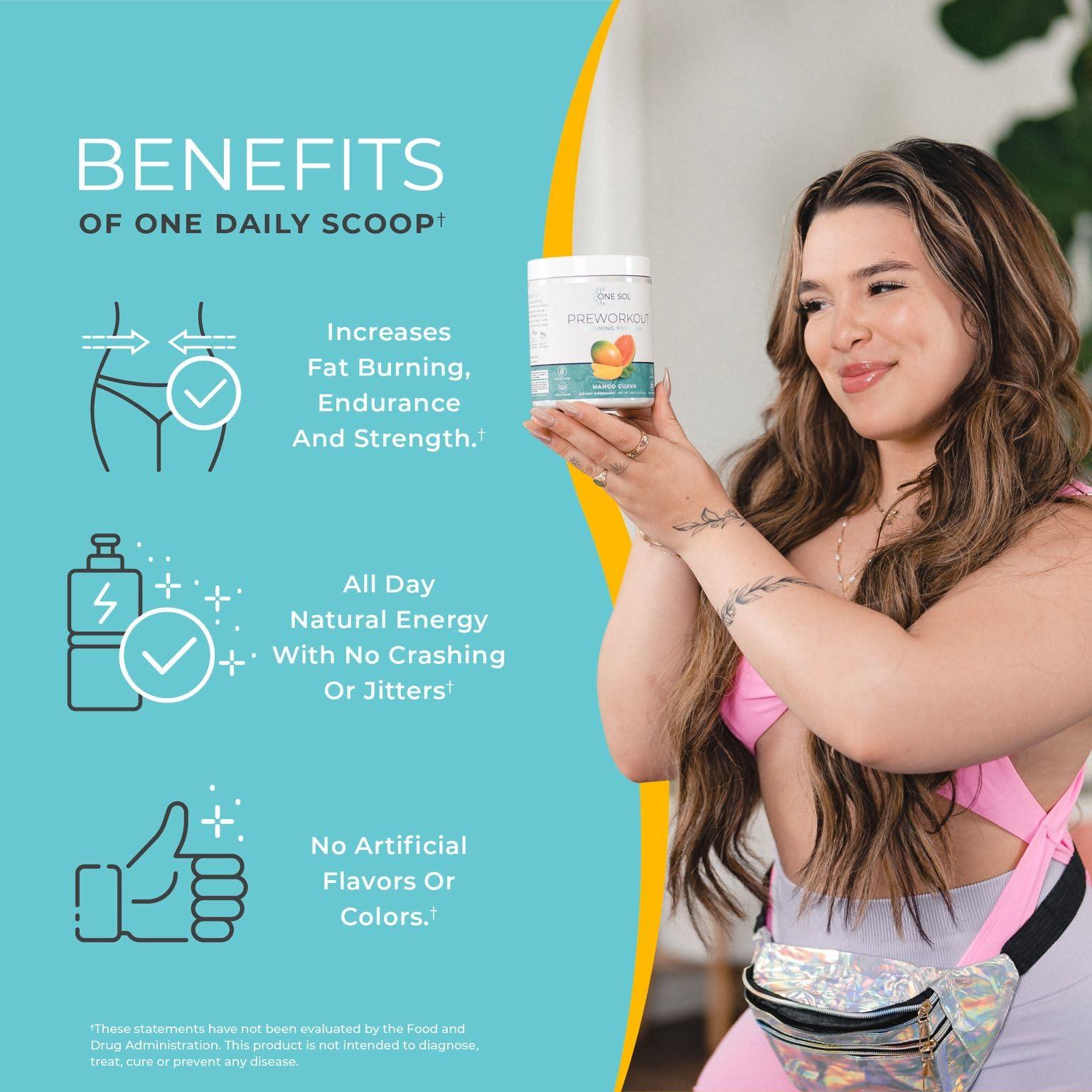 One Sol One Sol Pre-Workout for Women, Enhanced Pump & Focus, No Jitters Or Crash, Natural Ingredients, 100% Vegan, Gluten Free & Soy Free, (Mango Guava)