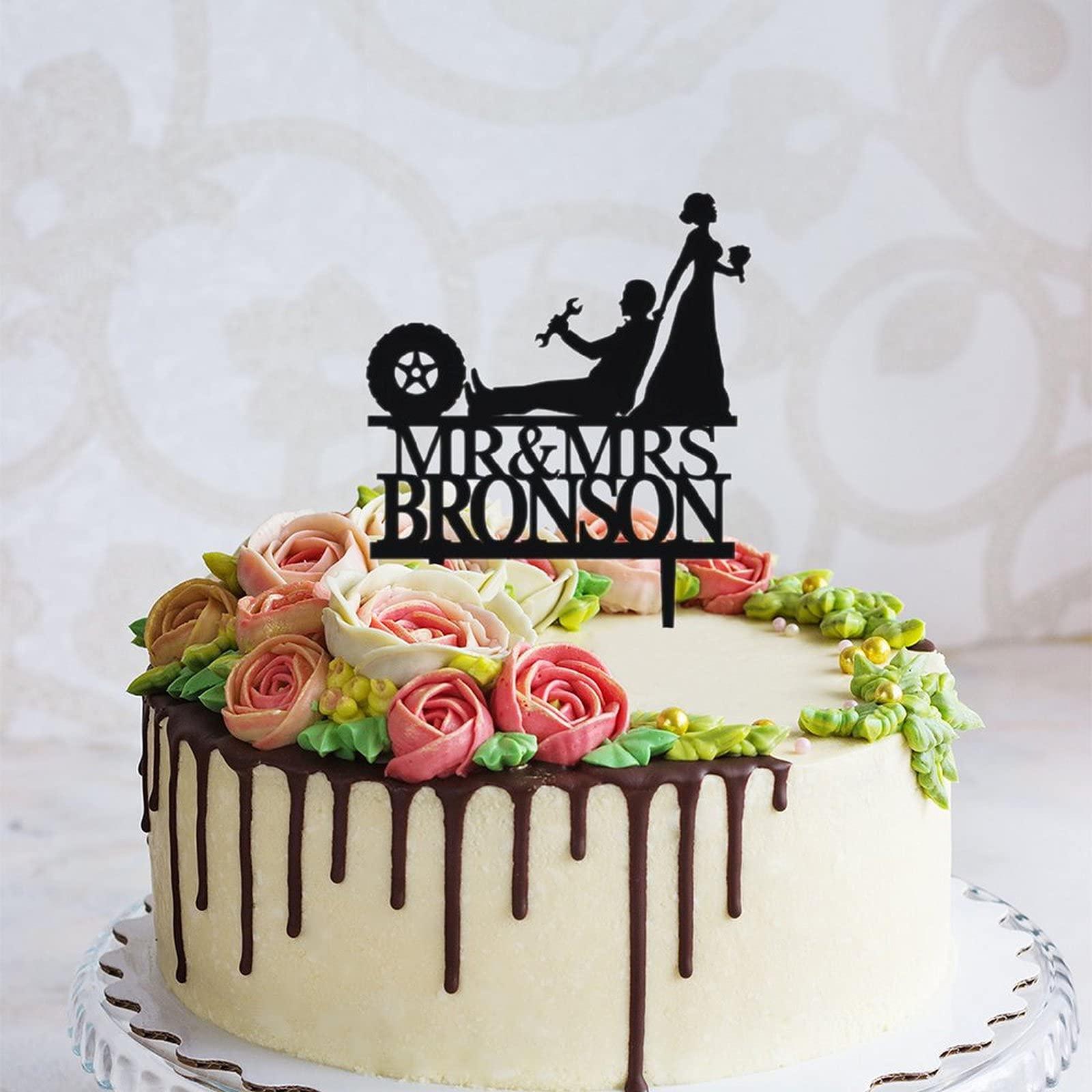 ArogGeld Mechanic Wedding Cake Topper Auto Car Mechanic Vintage Silhouettes Cake Topper Customized Wedding Date Name Bride & Groom Cake Topper for anniversary Engagement Wedding Party Decorations