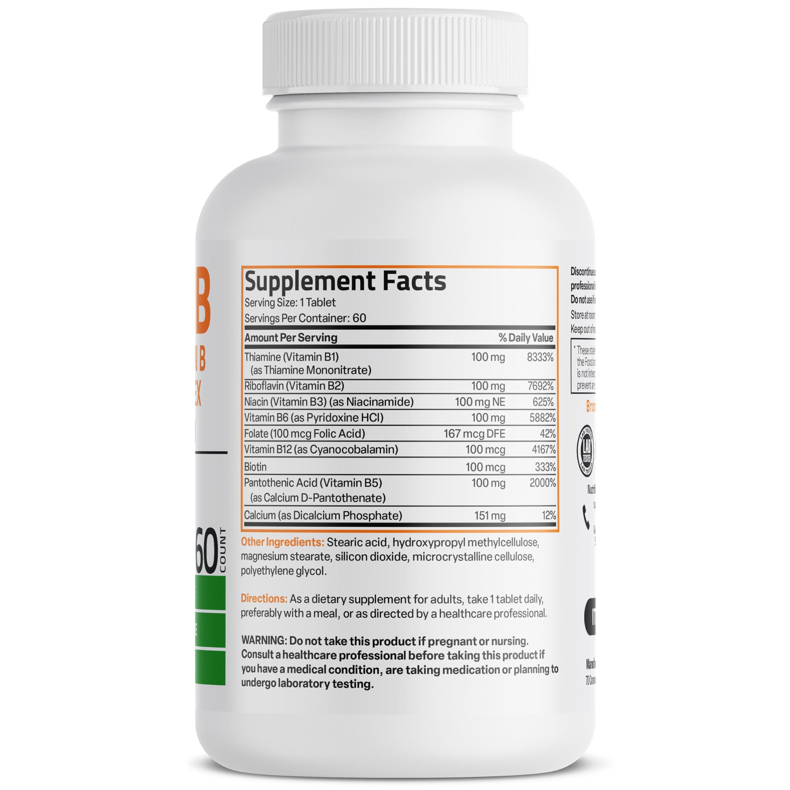 Bronson Bronson Vitamin B 100 Complex High Potency Sustained Release (Vitamin B1, B2, B3, B6, B9 - Folic Acid, B12), 60 Tablets