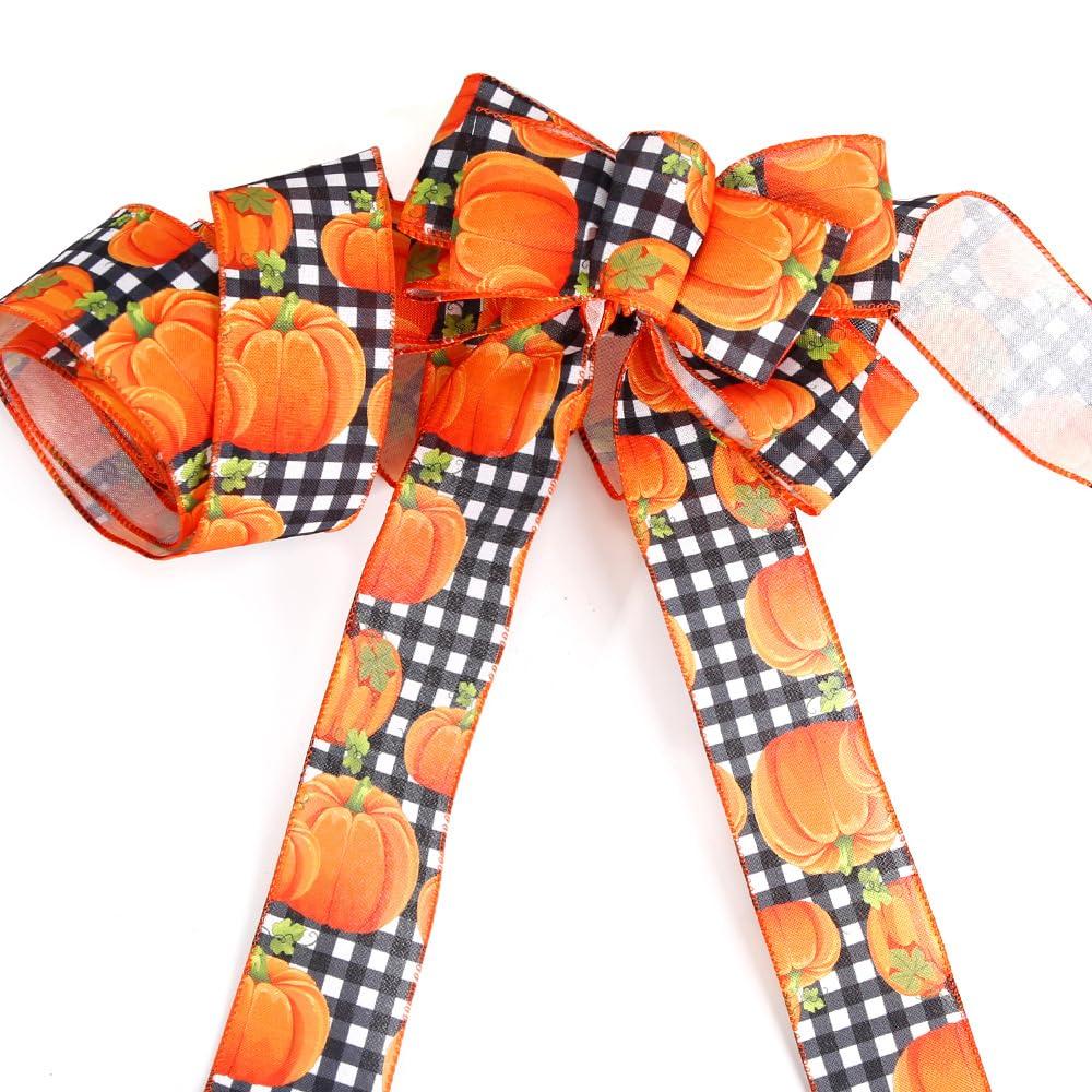 KALWAX Autumn Ribbon Roll, Halloween Ribbon, Fall Wired Ribbon in 6.5cm Width for Wrapping Orange Plaid Maple Leaf Pumpkin Autumn Harvest DIY Craft Ribbon for Gift Wrapping Wreath Decor Bow (5 Pieces)