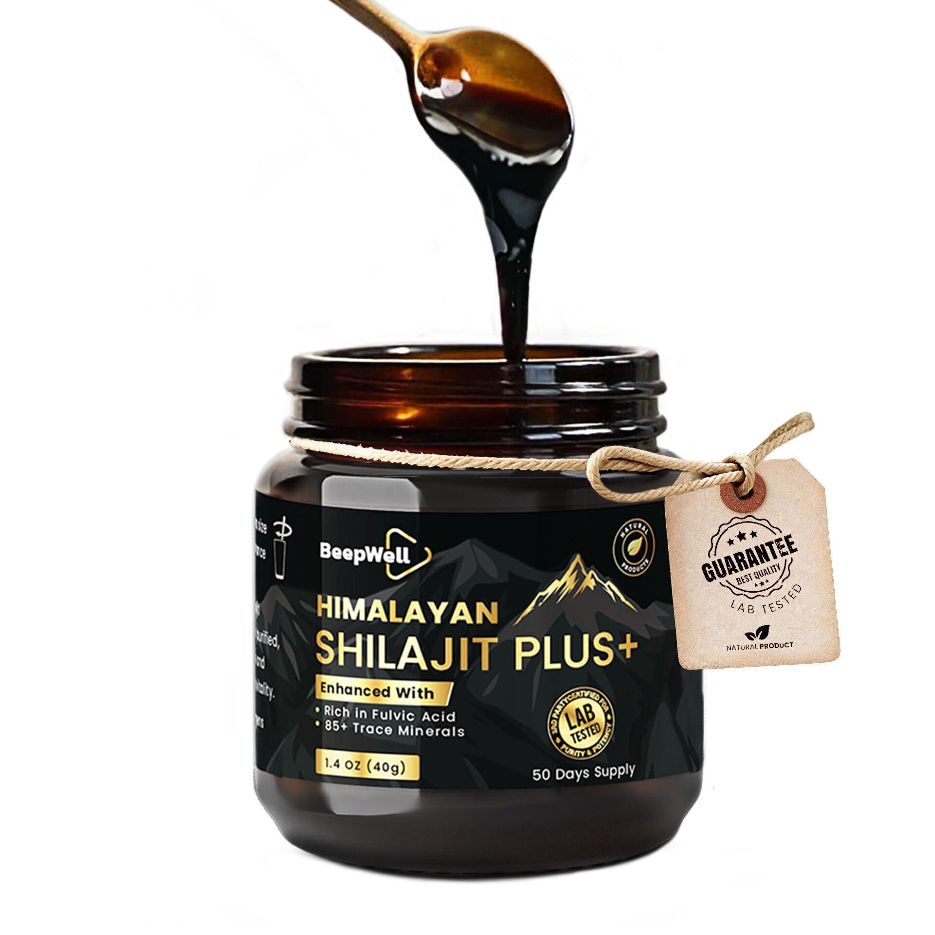 BeepWell BeepWell Shilajit Resin Himalayan Pure Natural Ashwagandha Maca Root Black Pepper Authentic Chilajil Men Women Gold Ayurvedic, 72% Fulvic Acid 85+ Trace Minerals, 50 Servings, 40 Grams