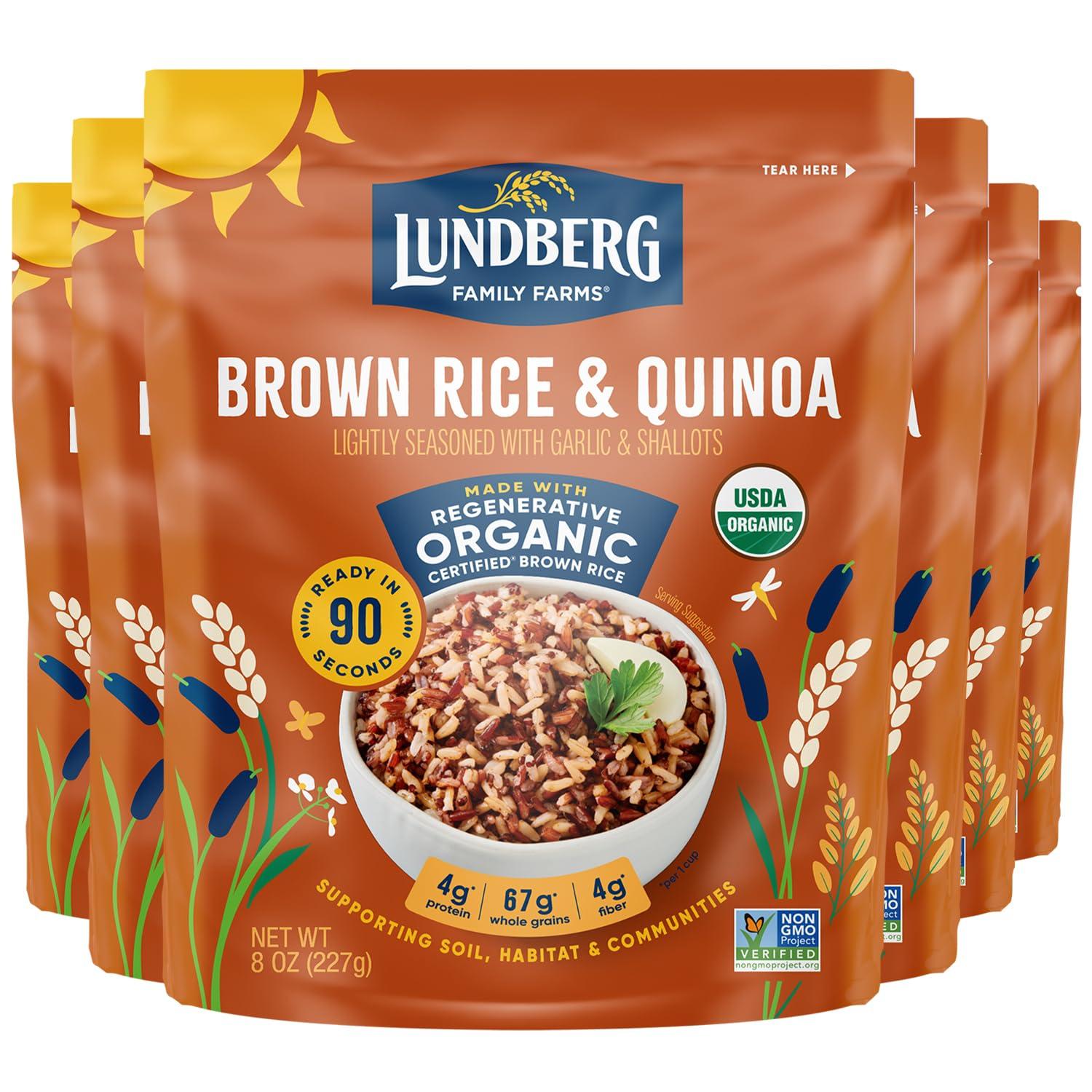 Lundberg Lundberg Brown Rice & Quinoa, Ready in 90 Seconds, 6-Pack Regenerative Organic Certified Brown Jasmine Rice, Organic Quinoa, Microwavable, Lightly Seasoned with Garlic & Shallots, 8 OzEa