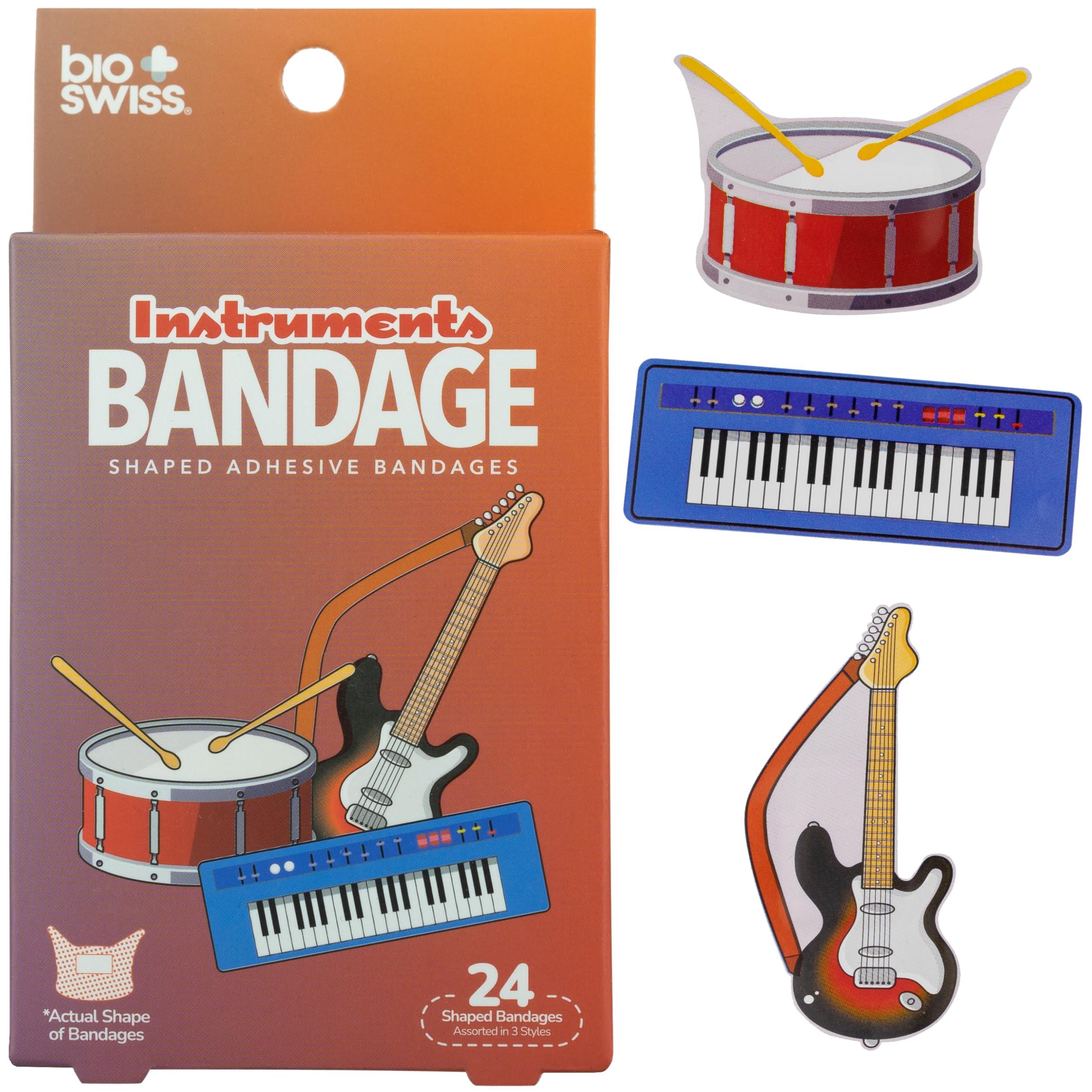 BioSwiss BioSwiss Bandages, Musical Instruments Shaped Self Adhesive Bandage, Latex Free Sterile Wound Care, Fun First Aid Kit Supplies for Kids and Adults, 24 Count