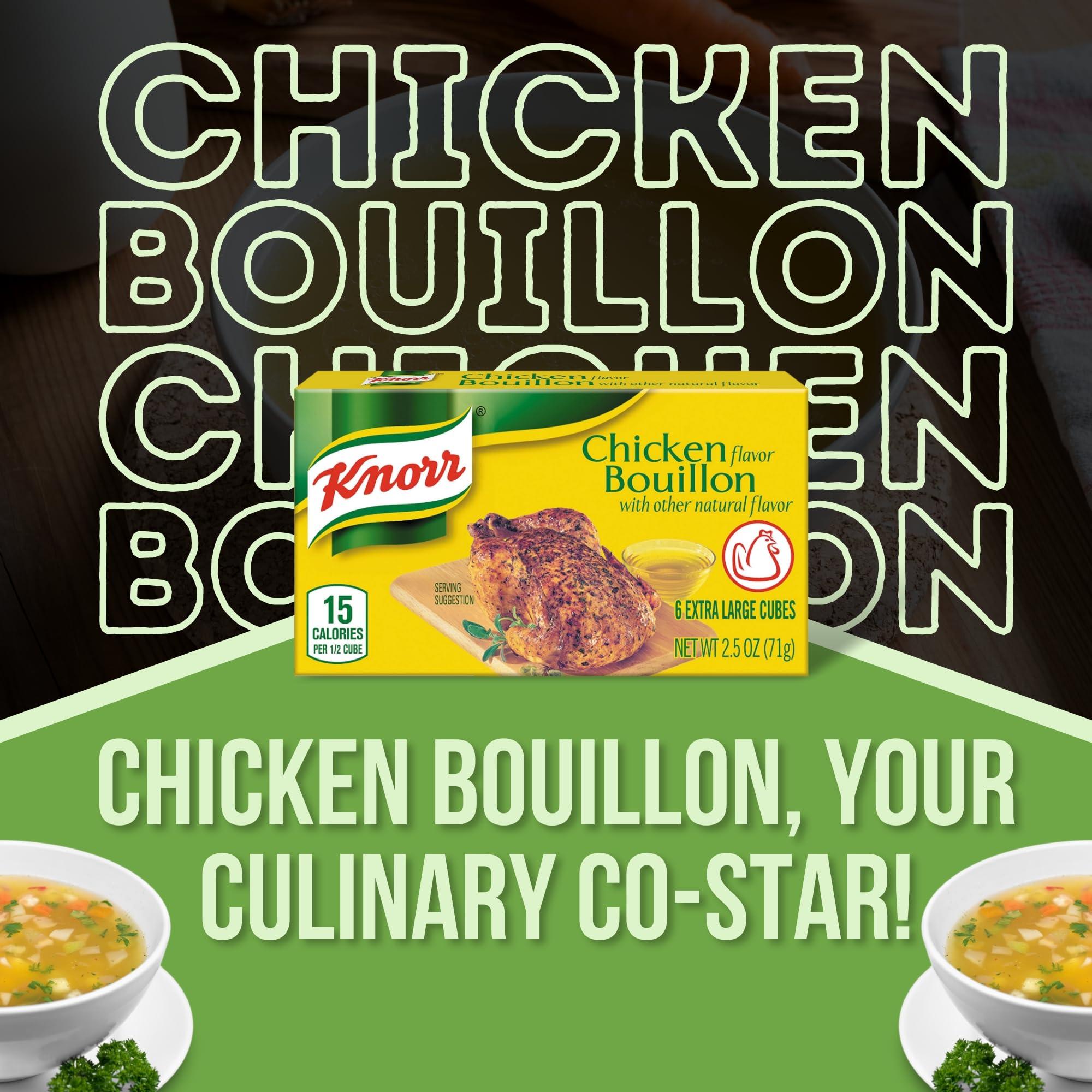 GOOD FOR MY HOME Chicken Bouillon Cubes Bundle. Includes One-2.5 Oz Box of Knorr Chicken Bouillon Cubes in a Good For My Home Box. 6 Extra Large Chicken Bouillon Cubes in a Box! Bouillon Cube is Only 30 Calories!