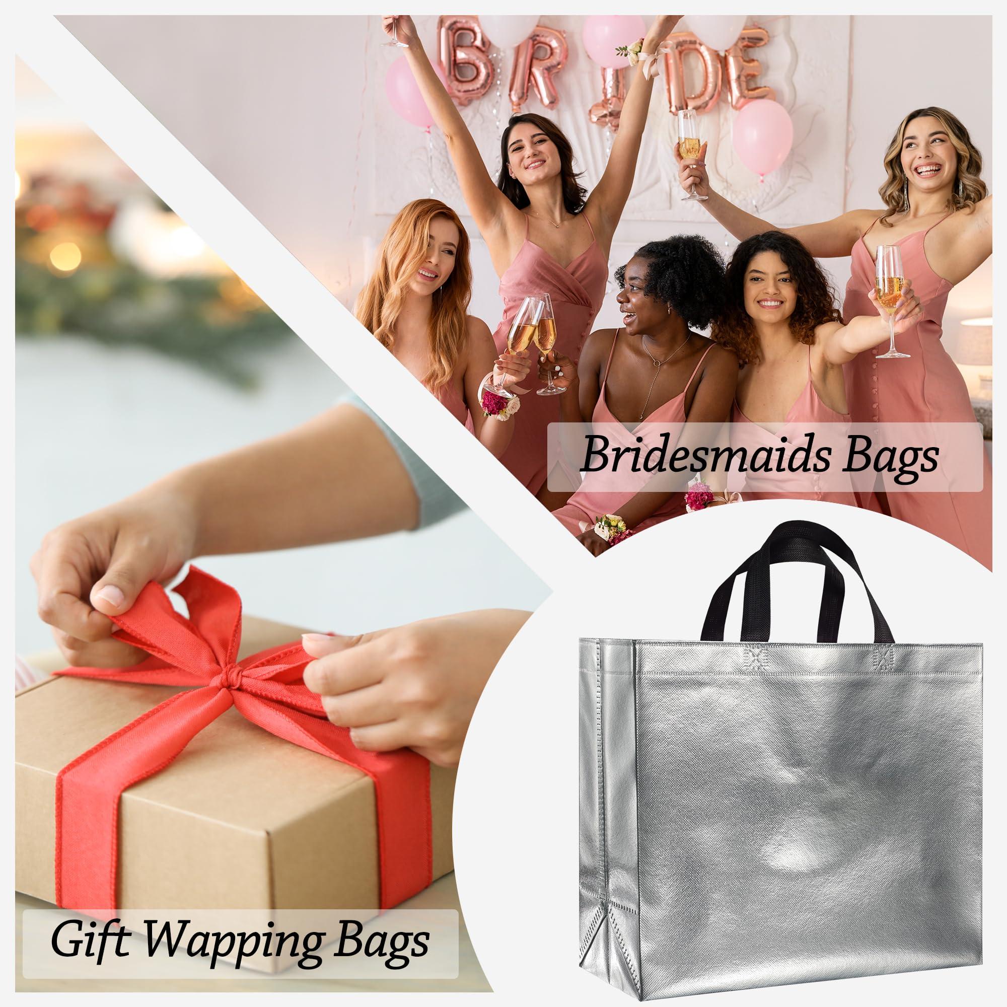 BLEWINDZ BLEWINDZ 60Pcs Large Gift Bags, Glossy Reusable Gift Bags Silver Tote Bags with Handles for Birthday, Bridesmaid, Wedding, Party Favors