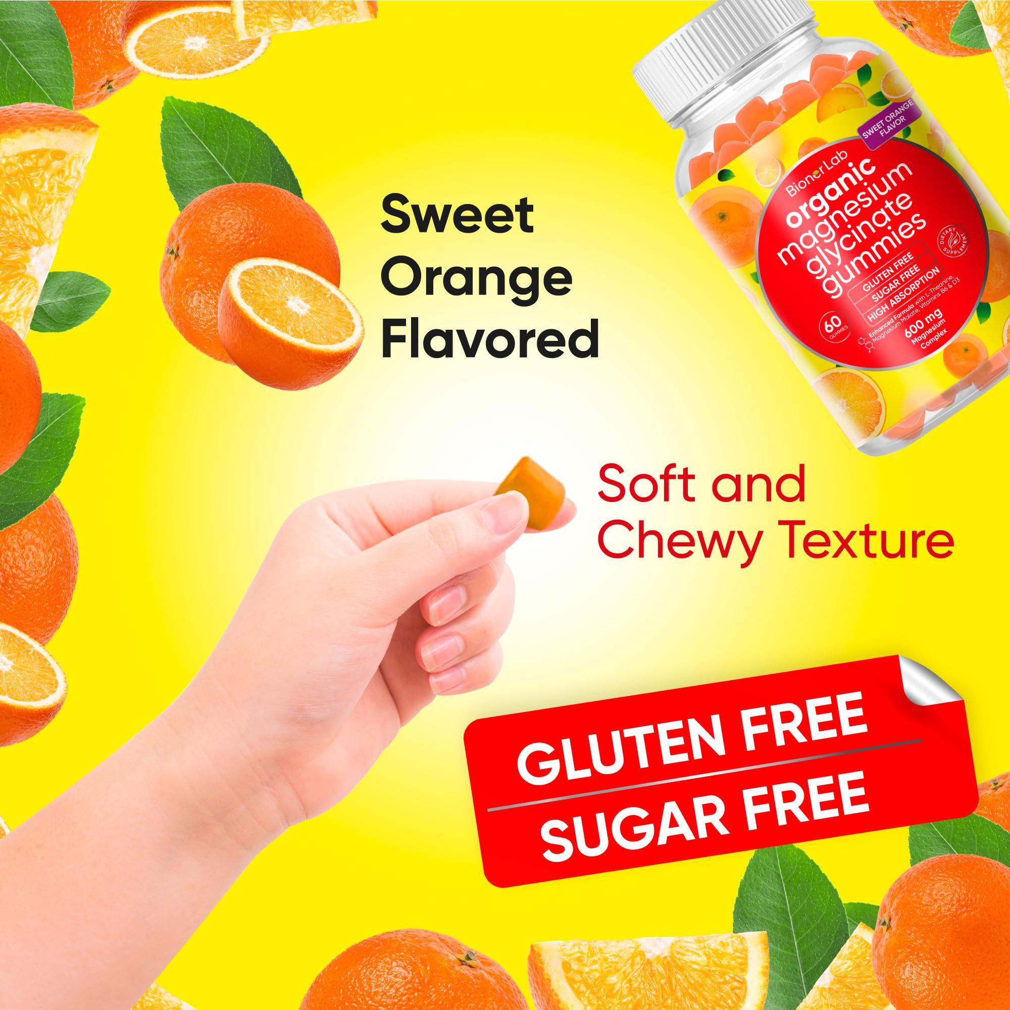 BionerLab BionerLab Magnesium Glycinate Chewable Gummies (600mg) for Kids & Adults Women Men - Vegan Complex with Calcium Potassium Vitamin D B6 L-Theanine - Sugar & Gluten Free - Orange Flavor