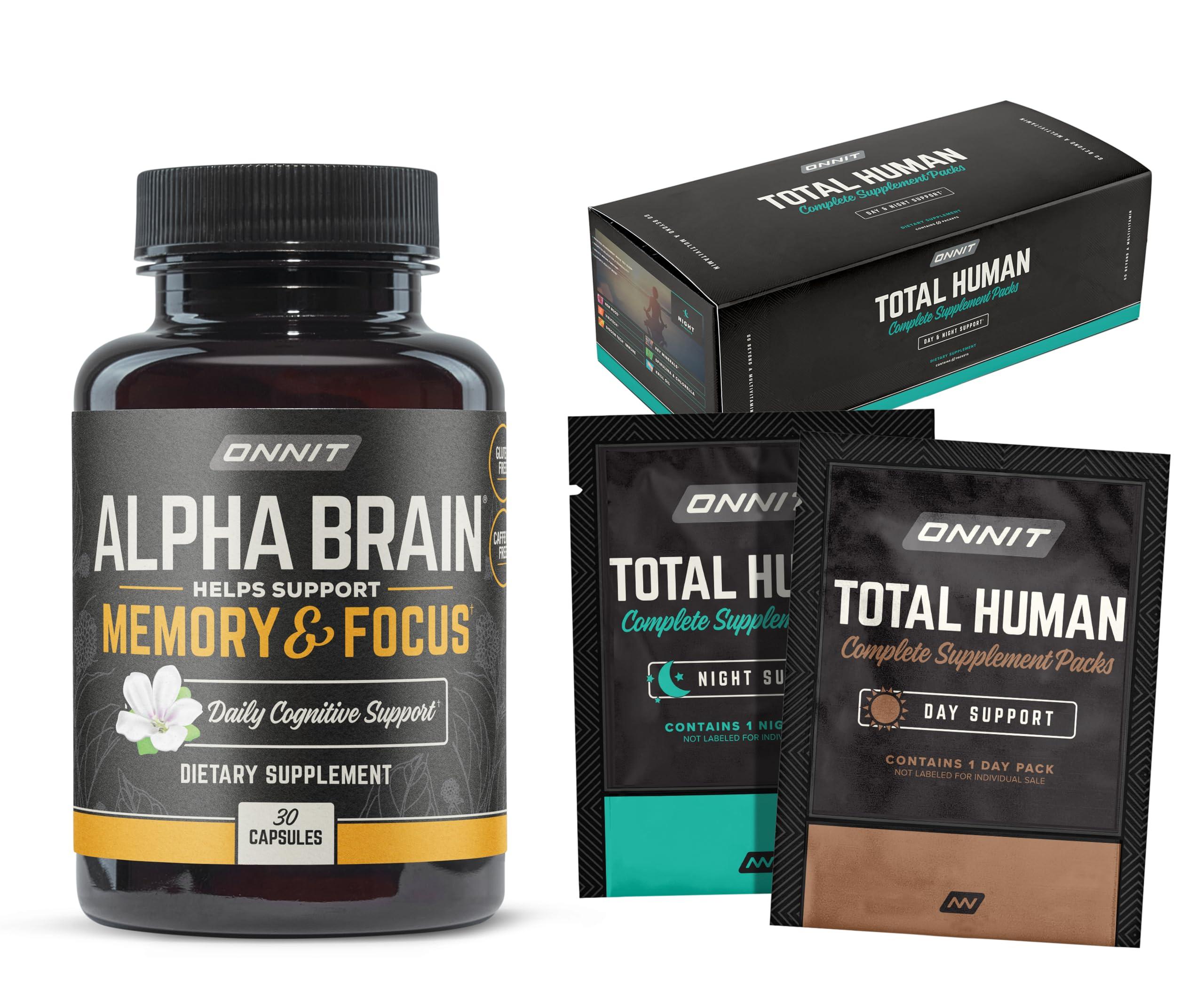 ONNIT ONNIT Premium Alpha Brain Bundle - Nootropic Brain Supplement (30 Count) for Focus, Concentration & Memory + Total Human Day and Night Vitamin Packs for Men and Women (30-Day Supply)