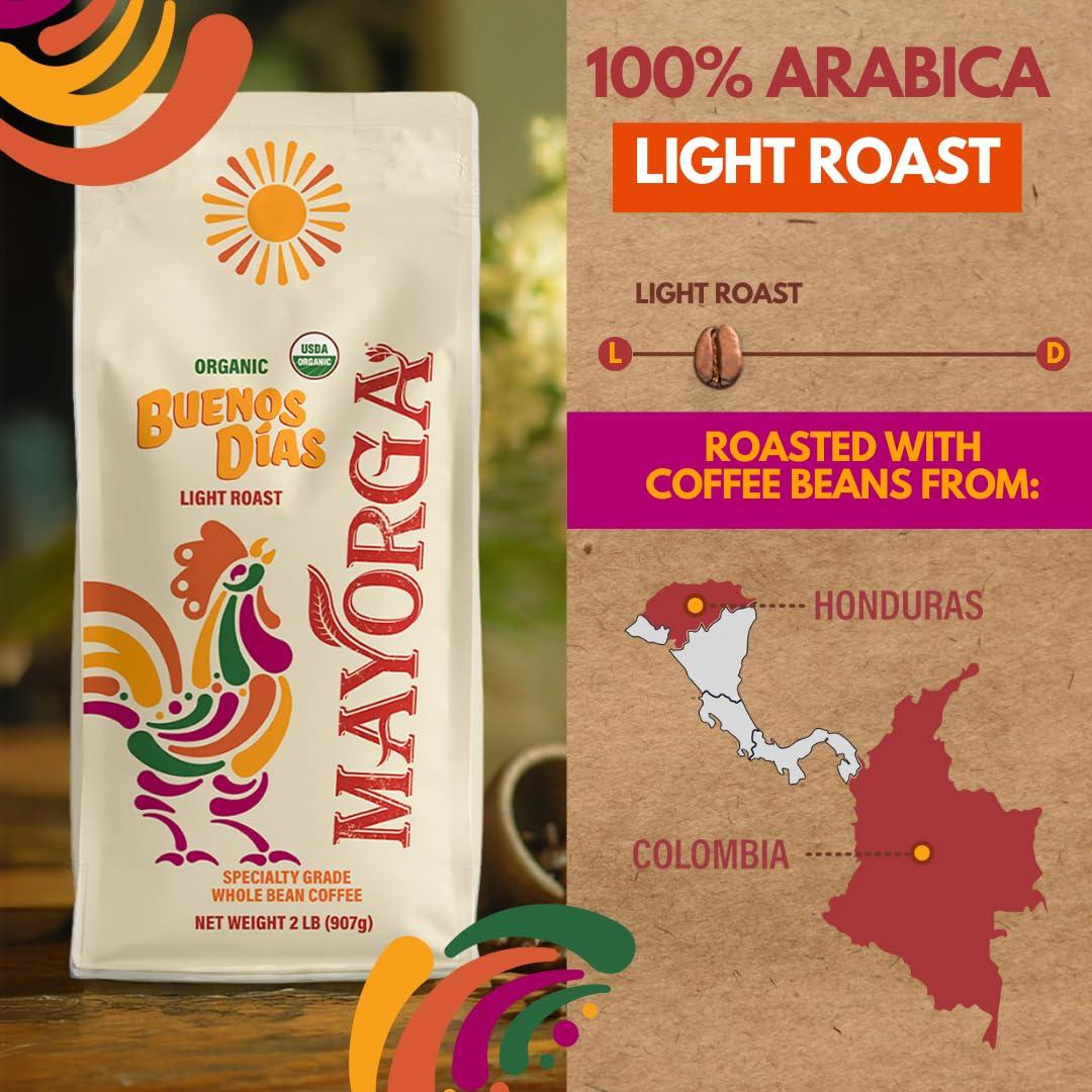 Mayorga Mayorga Organic Coffee 2lb Buenos Dias - Light Roast Whole Bean Specialty Grade Coffee, 100% Arabica, Slow Roasted, Citrusy and Sweet Flavor with Low Acidity - USDA Organic, Non-GMO, Kosher