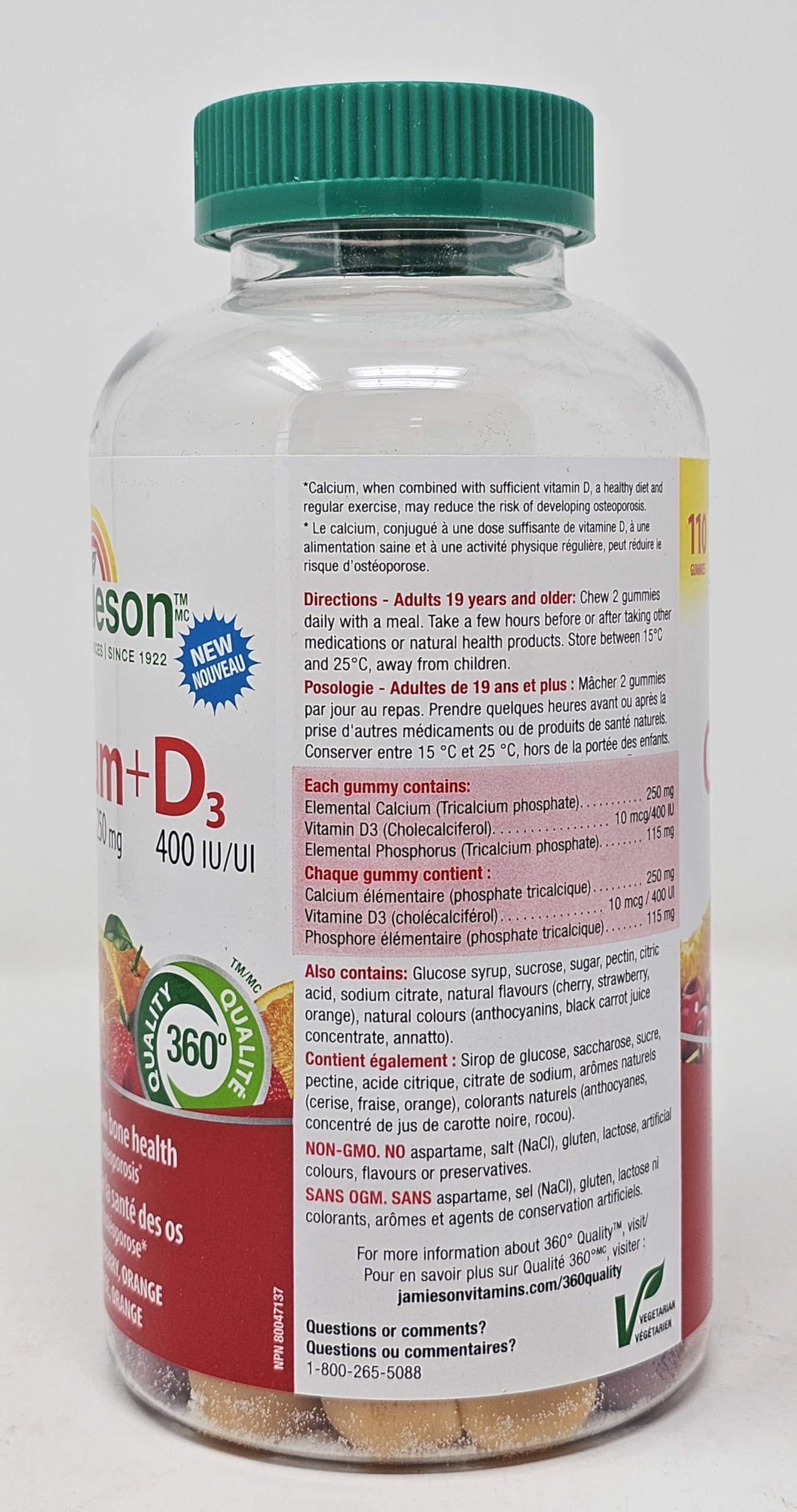 Jamieson Jamieson Calcium 250mg + D3 400 IU/UI Fruit Flavoured Gummies - Helps to Maintain Bone Health - 110 Count