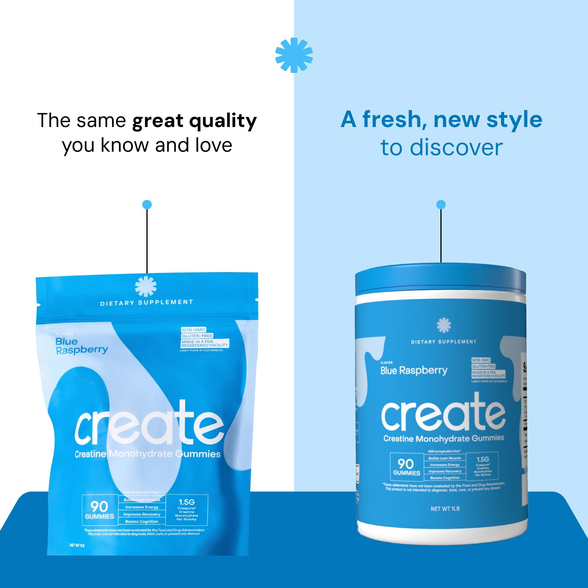 Create Create Creatine Monohydrate Gummies for Men & Women, Boost Focus, Strength, and Endurance, Anti-Melting Formula, Vegan, Gluten-Free, Non-GMO, 1.5g of Creatine per Gummy (Blue Raspberry, 90ct)