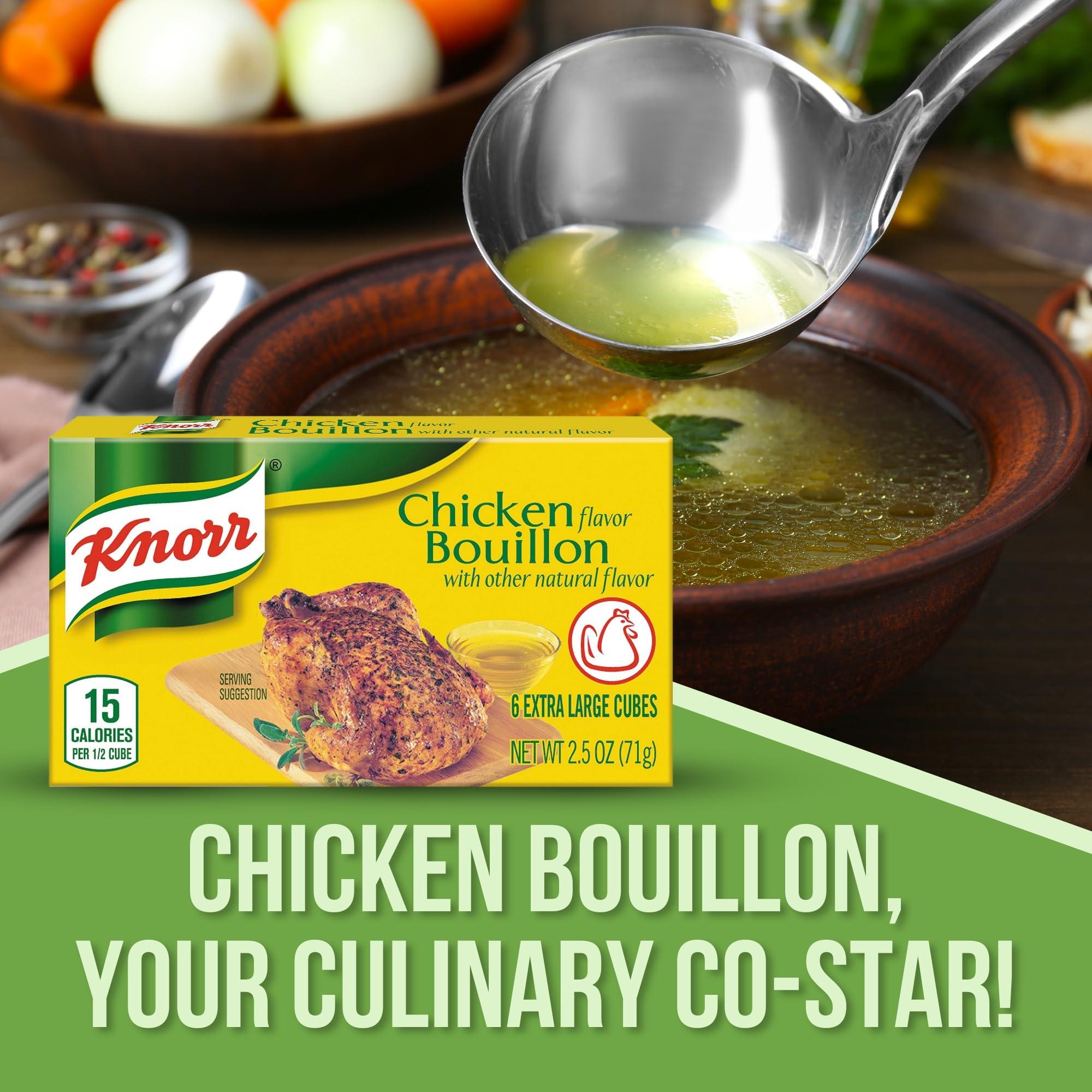 GOOD FOR MY HOME Chicken Bouillon Cubes Bundle. Includes One-2.5 Oz Box of Knorr Chicken Bouillon Cubes in a Good For My Home Box. 6 Extra Large Chicken Bouillon Cubes in a Box! Bouillon Cube is Only 30 Calories!