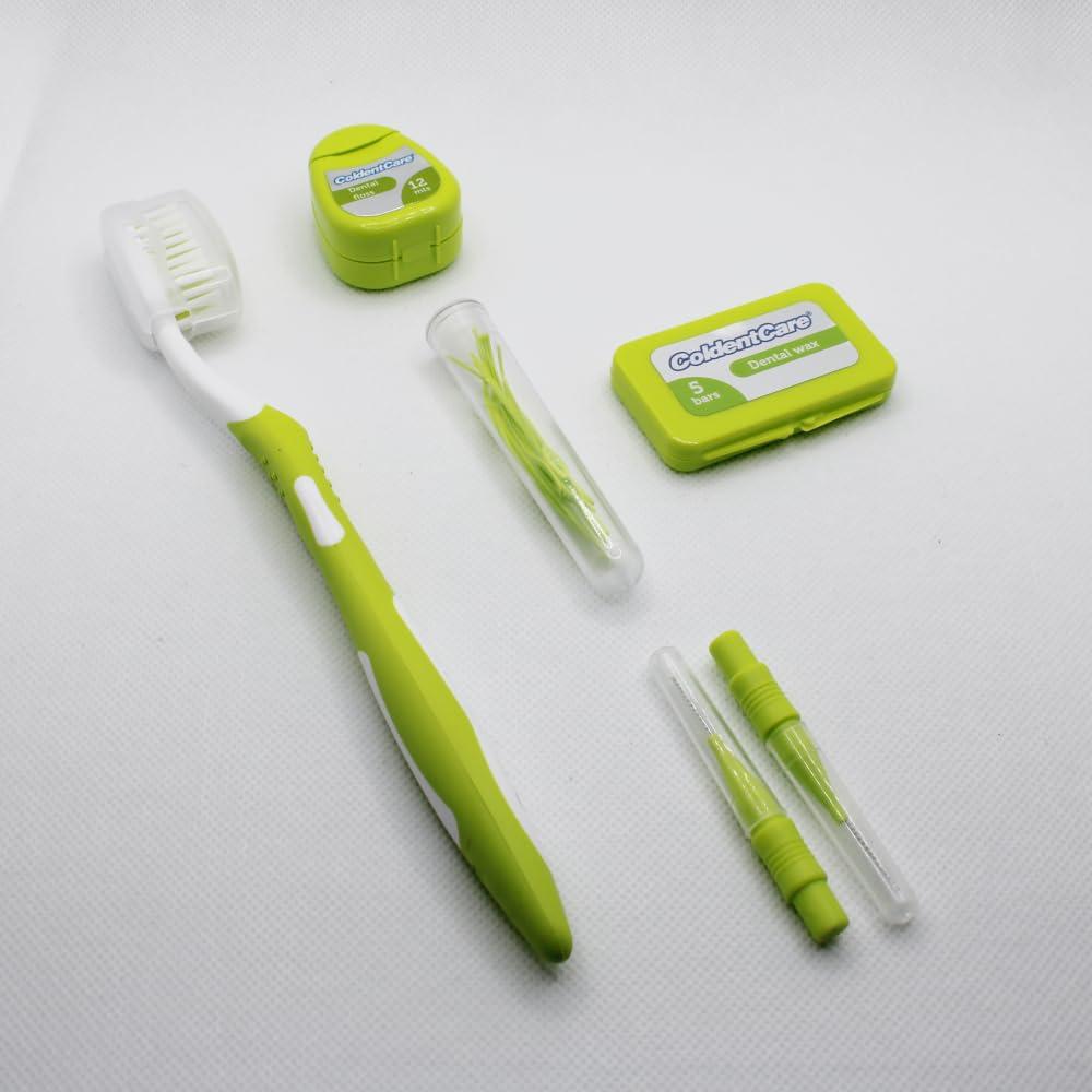 ColdentCare Braces Cleaning Kit for Teeth, Portable Orthodontic Toothbrush Kit Oral Care Dental Travel - 2 Interdental Brush, 5 Bars of Wax, 1 Dental Floss 12m, 13 Dental Floss Threader Multipurpose case (Green)