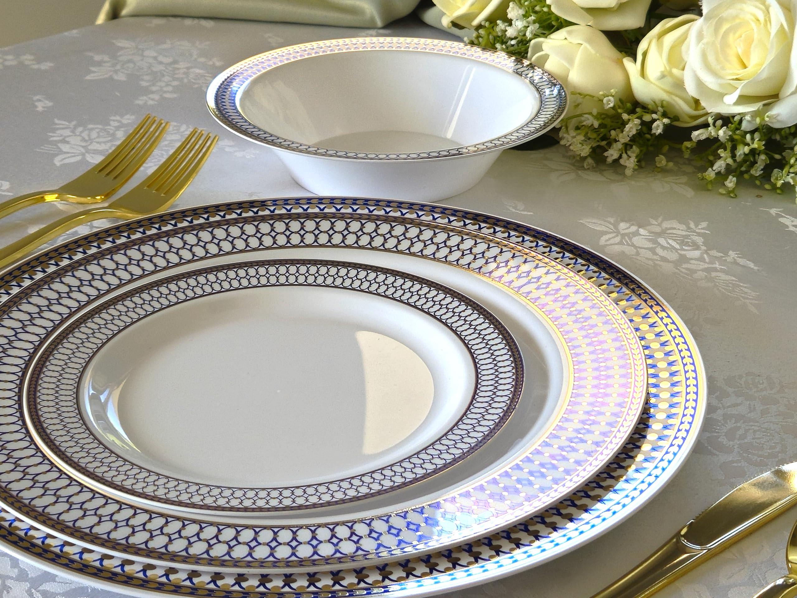 OCCASIONS FINEST PLASTIC TABLEWARE " OCCASIONS " 60 Plates Pack, Heavyweight Disposable Wedding Party Plastic Plates (7.5'' Appetizer/Dessert Plate, Odyssey in White/Blue & Gold)