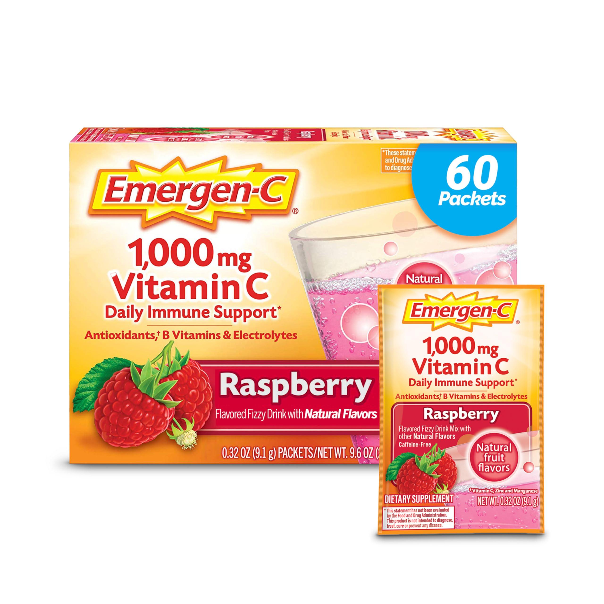 Emergen-C Emergen-C 1000mg Vitamin C Powder, with Antioxidants, B Vitamins and Electrolytes, Vitamin C Supplements for Immune Support, Caffeine Free Drink Mix, Raspberry Flavor - 60 Count/2 Month Supply
