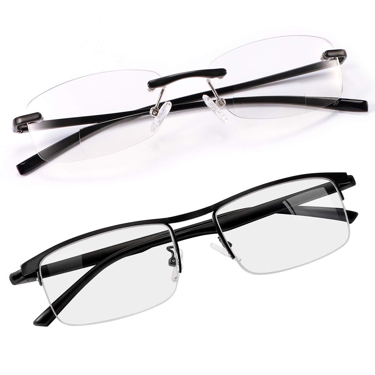 MIRYEA MIRYEA 1.5X Magnification Progressive Multifocal Reading Glasses Blue Light Blocking Computer Readers + Rimless Bifocal Anti Blue Light Reading Glasses Anti Glare Eye Strain Spring Hinge Eyewear