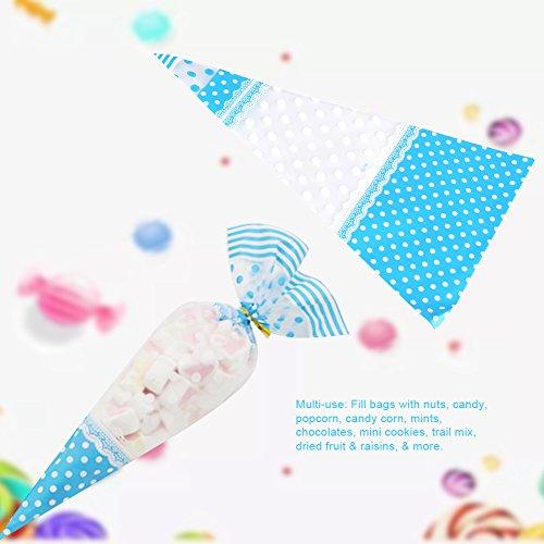 Kuuleyn Cone Shaped Cellophane Treat Bags, Cellophane Cone Bags, 50 Packs Festival Clear Cone Shaped Treat Popcorn Bags Cellophane Candy Bags with Twist Tie (Blue, 4 Silk * 17cm * 30cm)