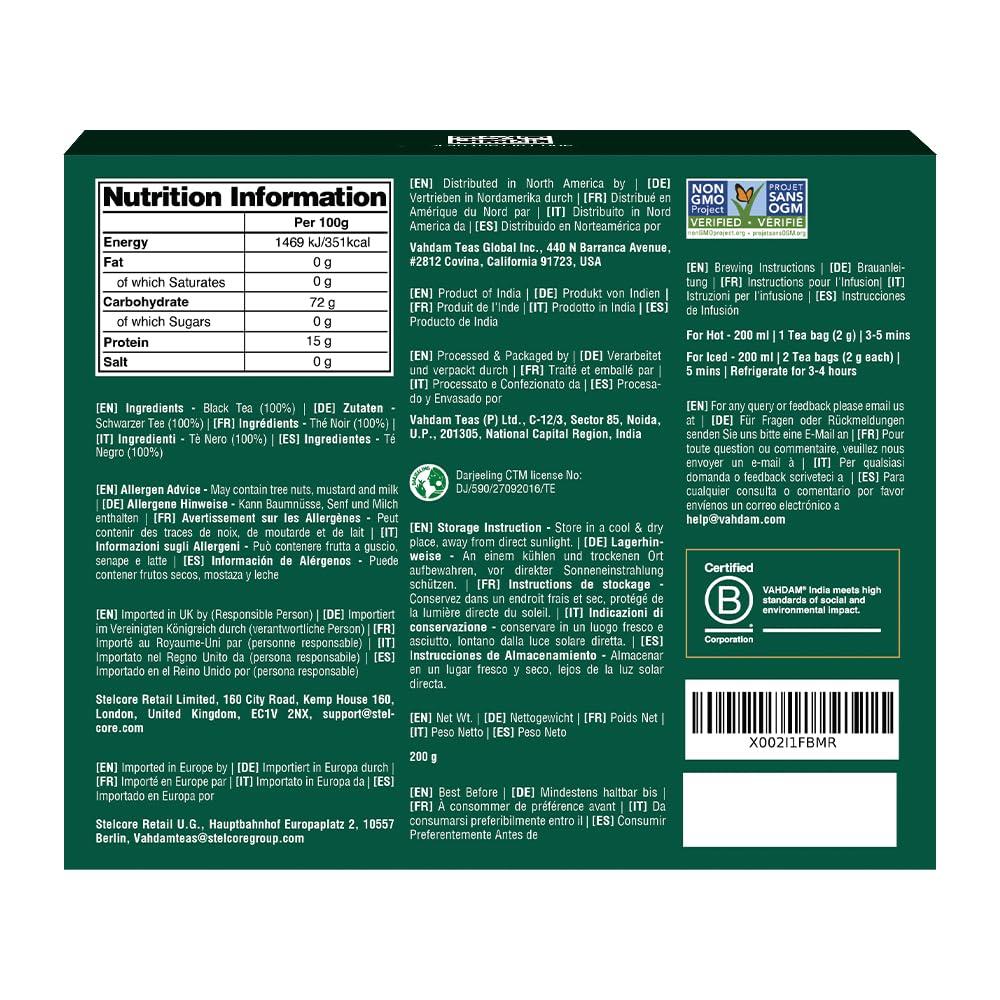 VAHDAM VAHDAM, Darjeeling Black Tea Bags (100 Count) High Caffeine, Non GMO, Gluten Free | Smooth & Sweet Tea With Distinguished Fruity Notes | Full Bodied