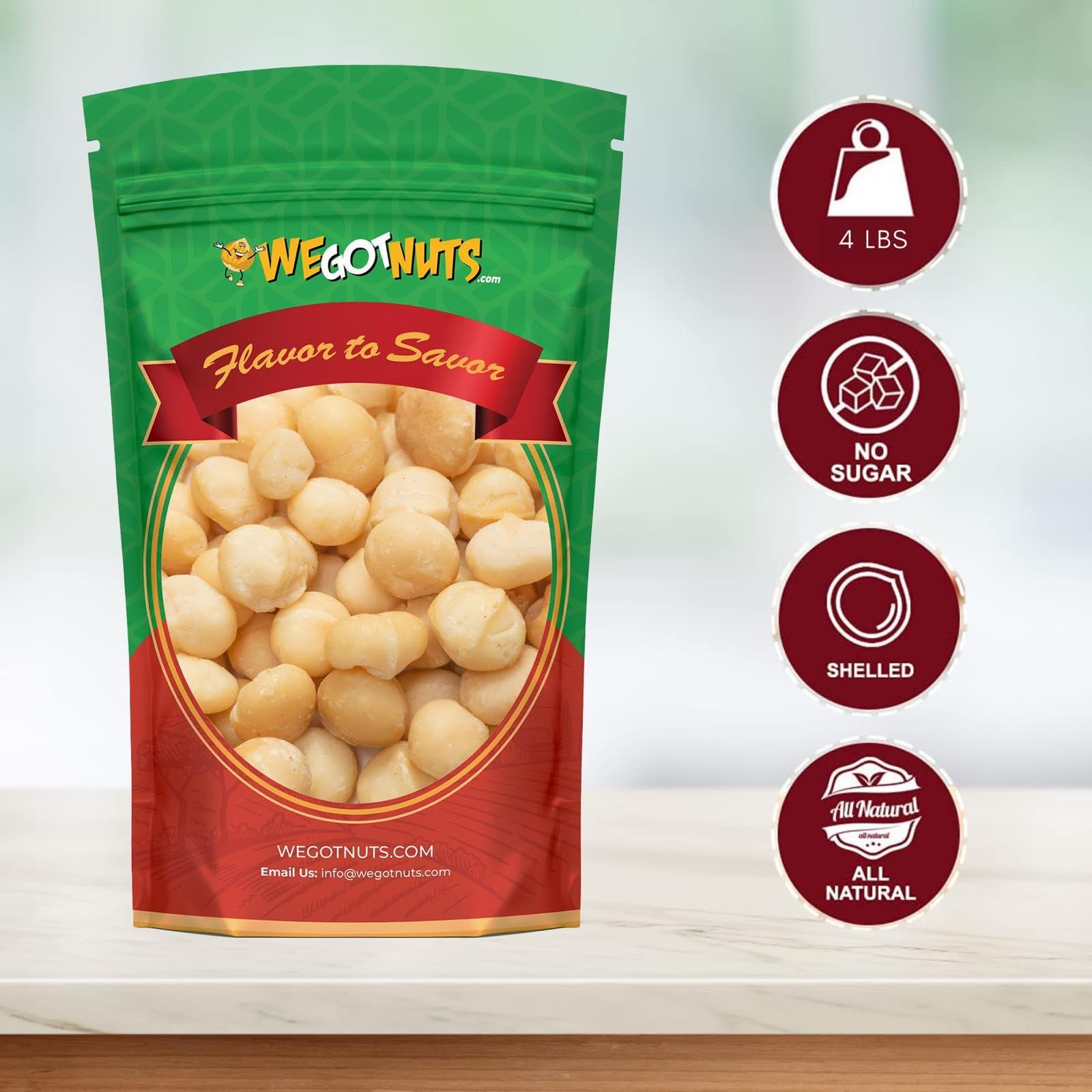 We Got Nuts Raw Deluxe Macadamia Nuts - 4 lbs - Shelled & Unsalted Premium Quality Kosher Raw Macadamia Nut Snack Pack By We Got Nuts - Natural Gourmet Fresh Macadamia Nuts Bulk - Packed In A Resealable Pouch Bag