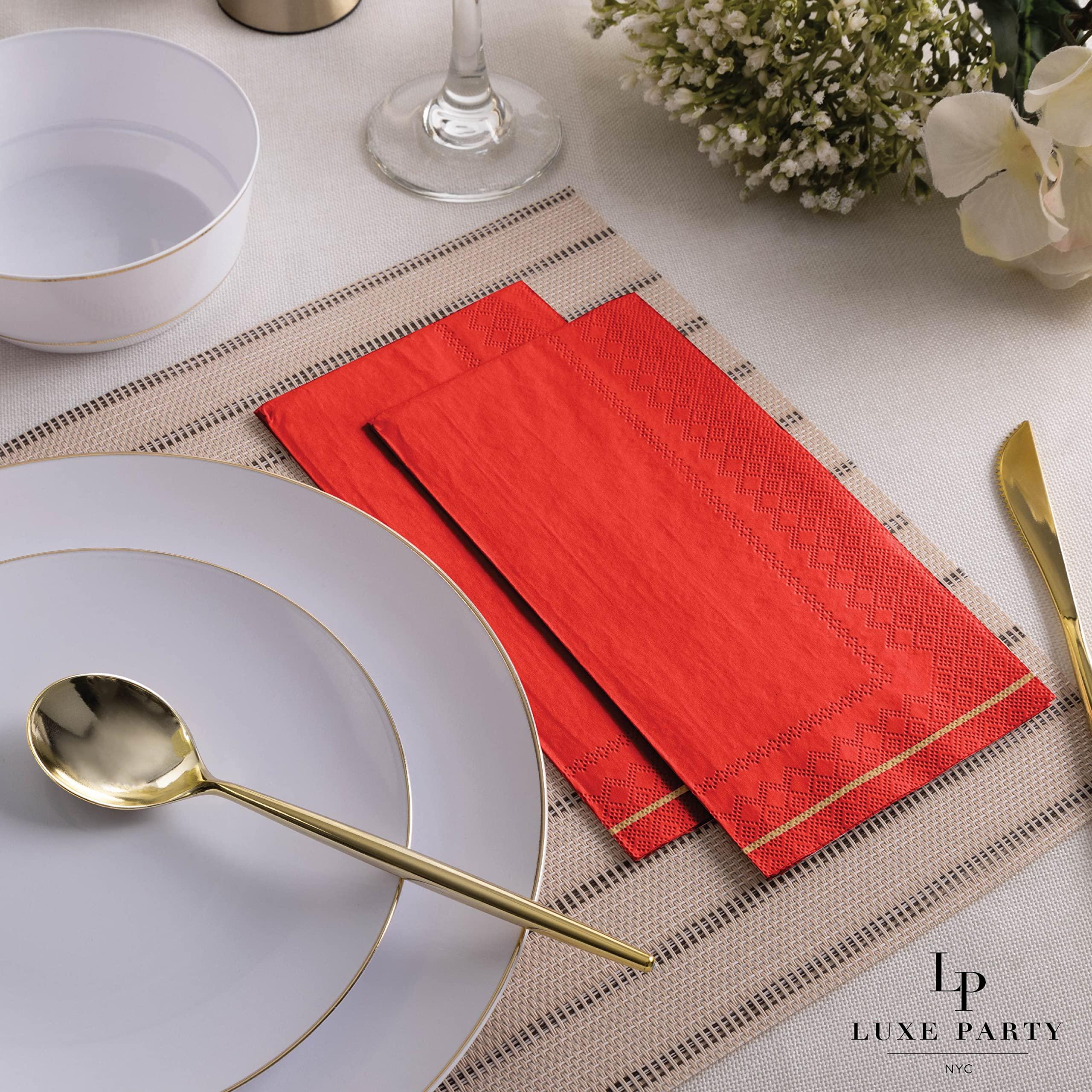 LUXE PARTY Luxe Party 112 Pack Dinner Napkins, Disposable, Premium 3 Ply Paper, Rectangular, Decorative Guest Place Setting, Red with Gold Stripe