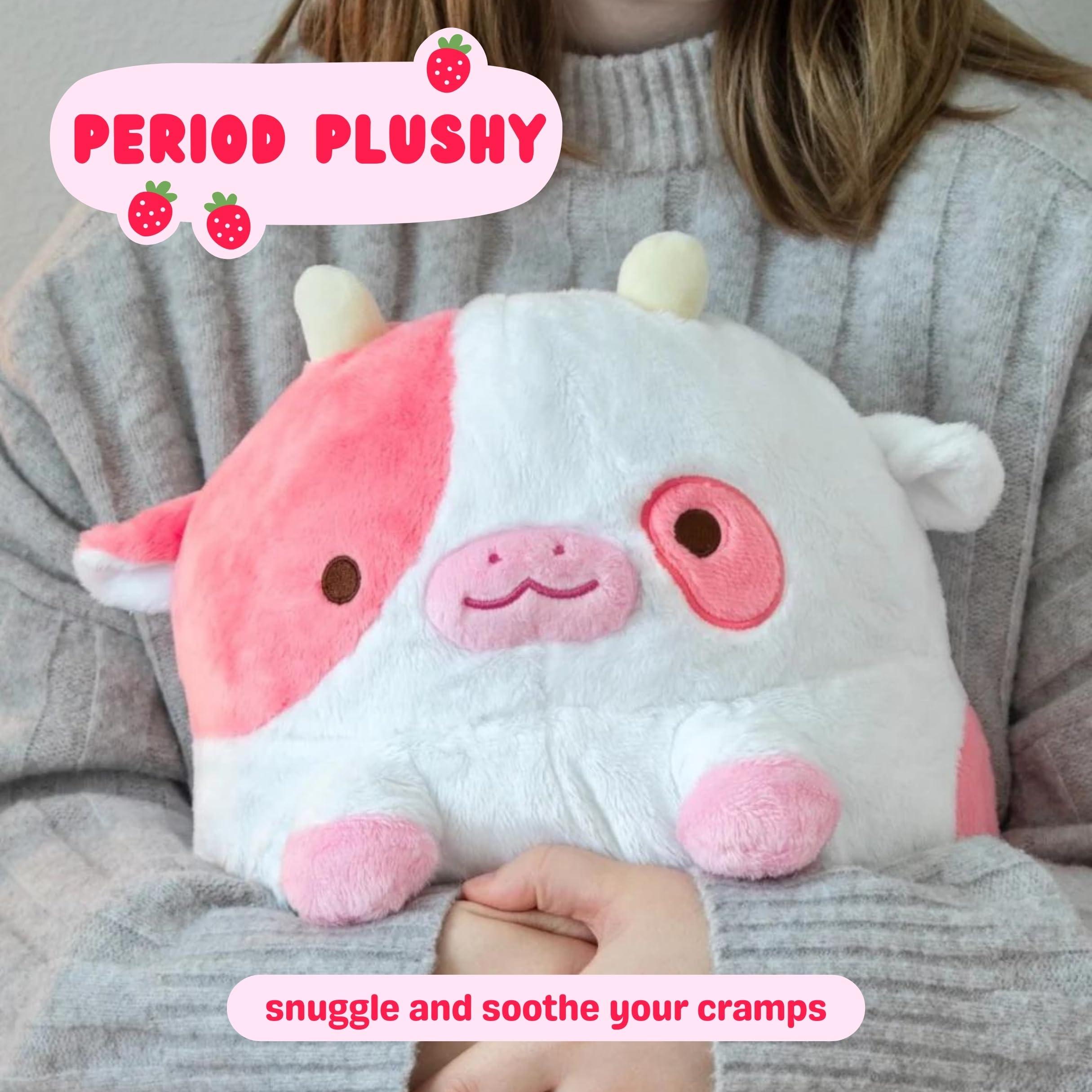 Shopzoki Heatable Strawberry Scented Cow Plush for Period Cramp Relief & Emotional Support, Microwavable Soft Toy Plushies, Coolable Stuffed Animal for Anxiety, Cute Heating Pad for Pain Relief