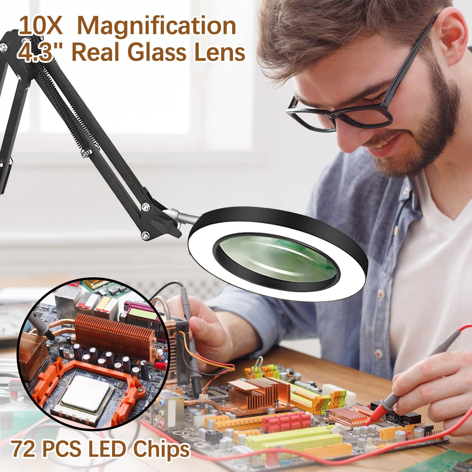 VUEJIC 10X Lighted Magnifying Glass Lamp with 3 Color Modes, 72 LEDs and Real Glass Lens - For Close Work, Repair, Reading, Crafts