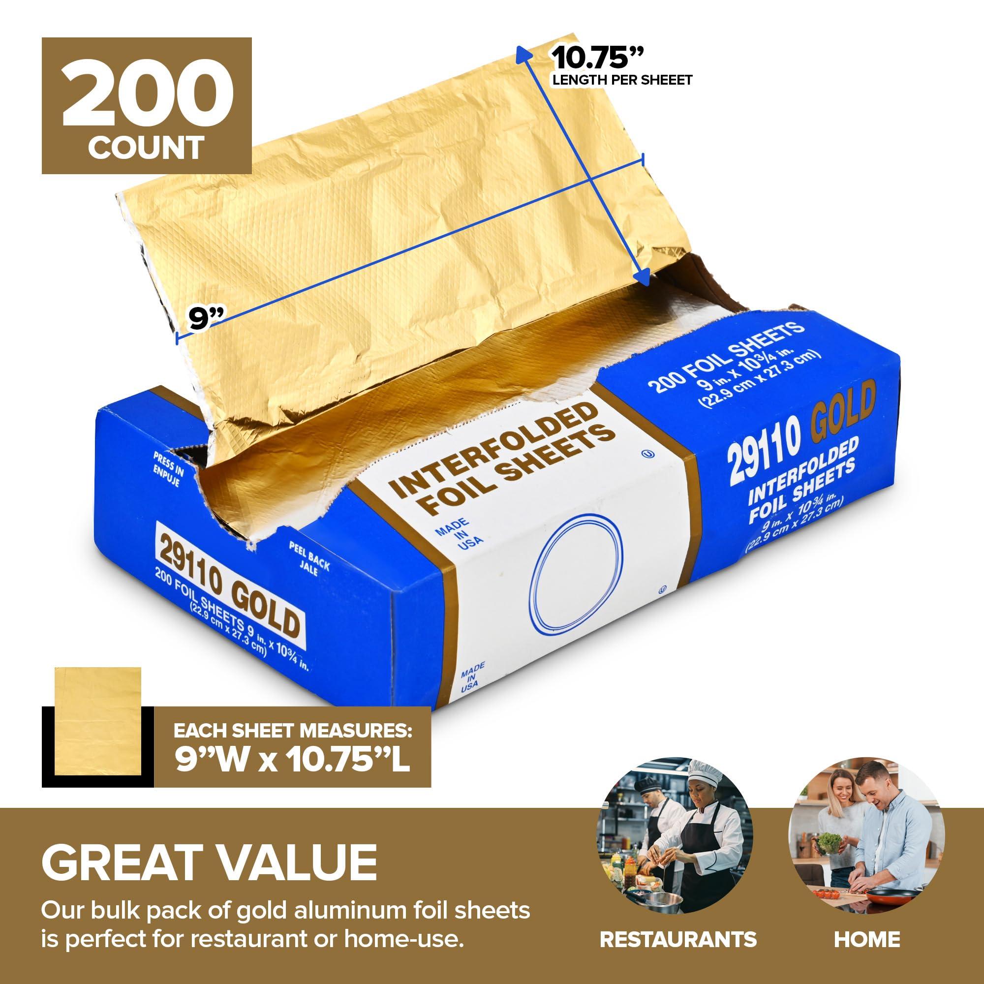 Stock Your Home 200 Count Pre-Cut Gold Aluminum Foil Sheets, 9 Gold Pop Up Foil Sheets for Restaurant, Disposable Foil Sheets for Food Wrapping, Gold Foil Sheets for Hair Highlighting, Stock Your Home