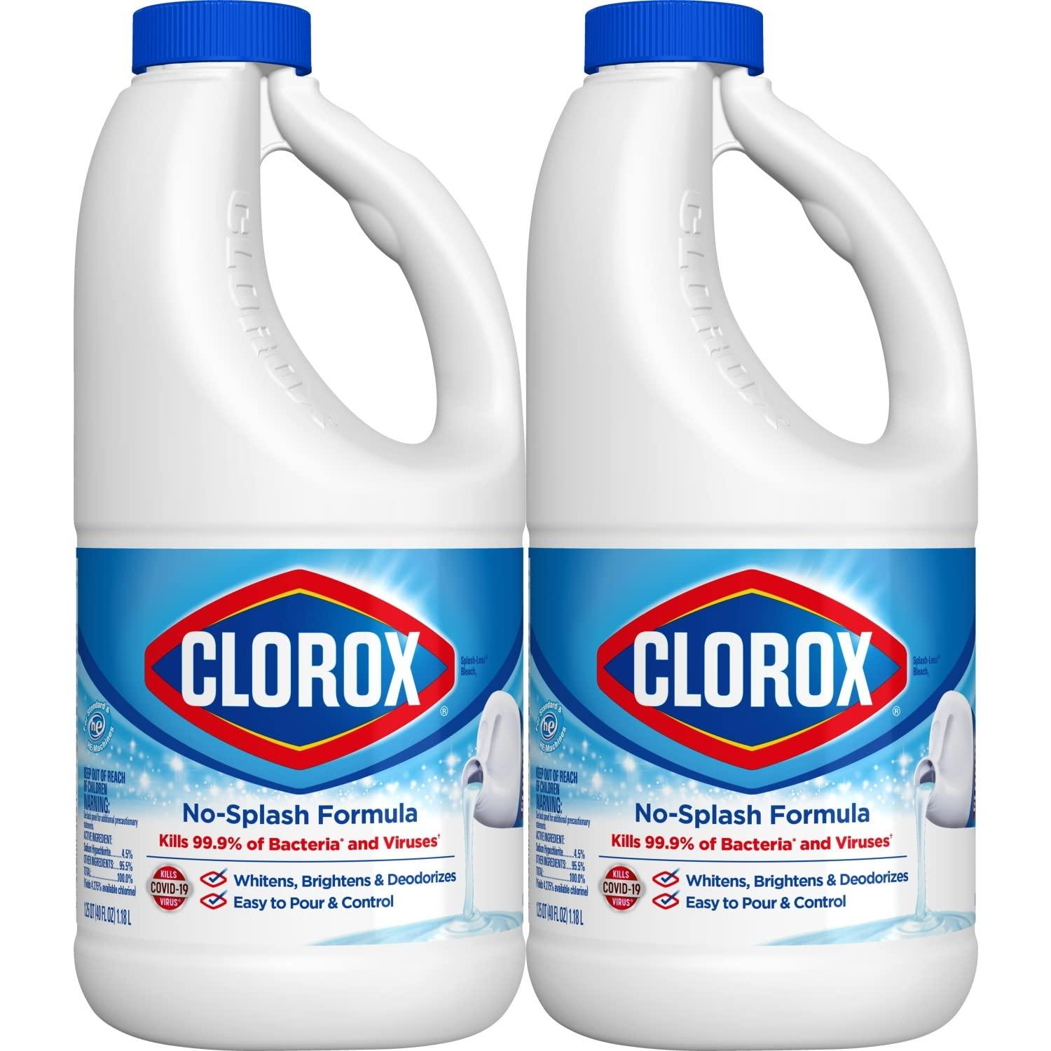 Clorox Clorox Splash-Less Bleach1, Disinfecting Bleach Kills 99.9% of Bacteria and Viruses, Regular 40 Fluid Ounce Bottle - Pack of 2 (Package May Vary)