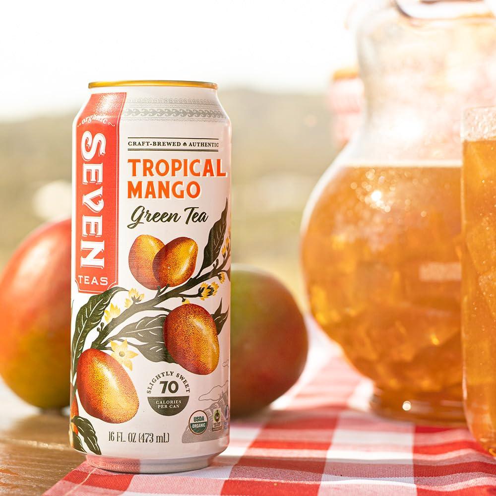SevenTeas SevenTeas Tropical Mango Green Tea, 16 OZ (Pack of 12 Cans), Organic Iced Tea