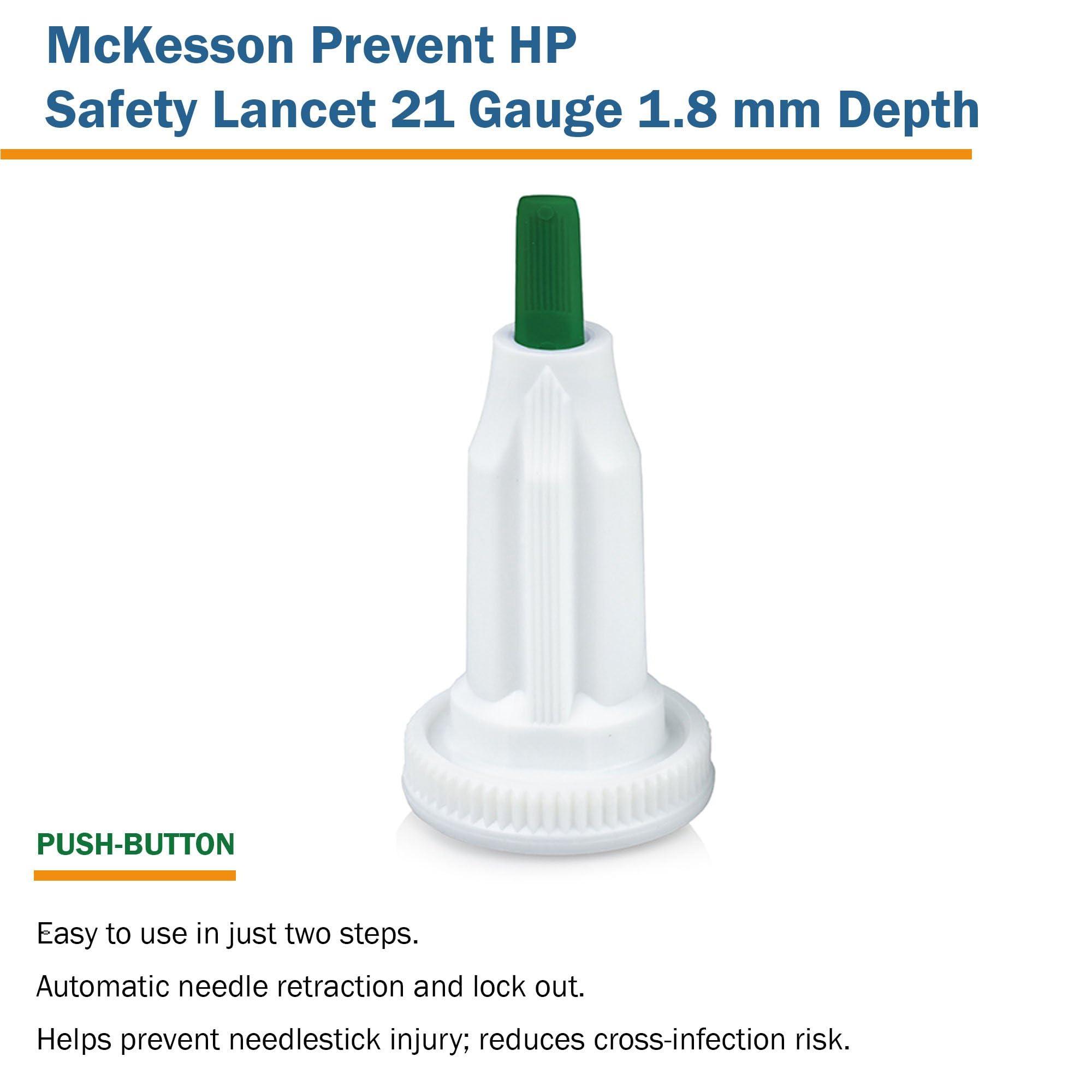 McKesson McKesson Prevent HP Safety Lancet, Auto Retracting with Push Button Activation, 21 Gauge, 1.8 mm Depth, Sterile, Green, 100 Count, 1 Pack
