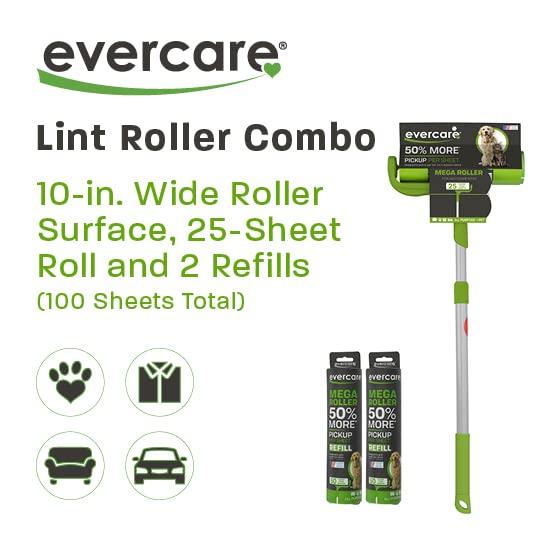 Evercare Evercare Pet Mega Lint Roller Value Pack with Two 50-Sheet Refills - includes Refillable Lint Roller, Adhesive Sheets, Versatile Cleaning Uses, Home and On-The-Go Use, Extendable Handle