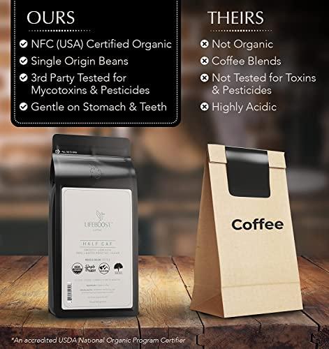LIFEBOOST Lifeboost Coffee Half Caff Whole Bean Coffee - Low Acid Single Origin USDA Organic Coffee - Non-GMO Whole Bean Coffee Third Party Tested For Mycotoxins & Pesticides - 12 Ounces