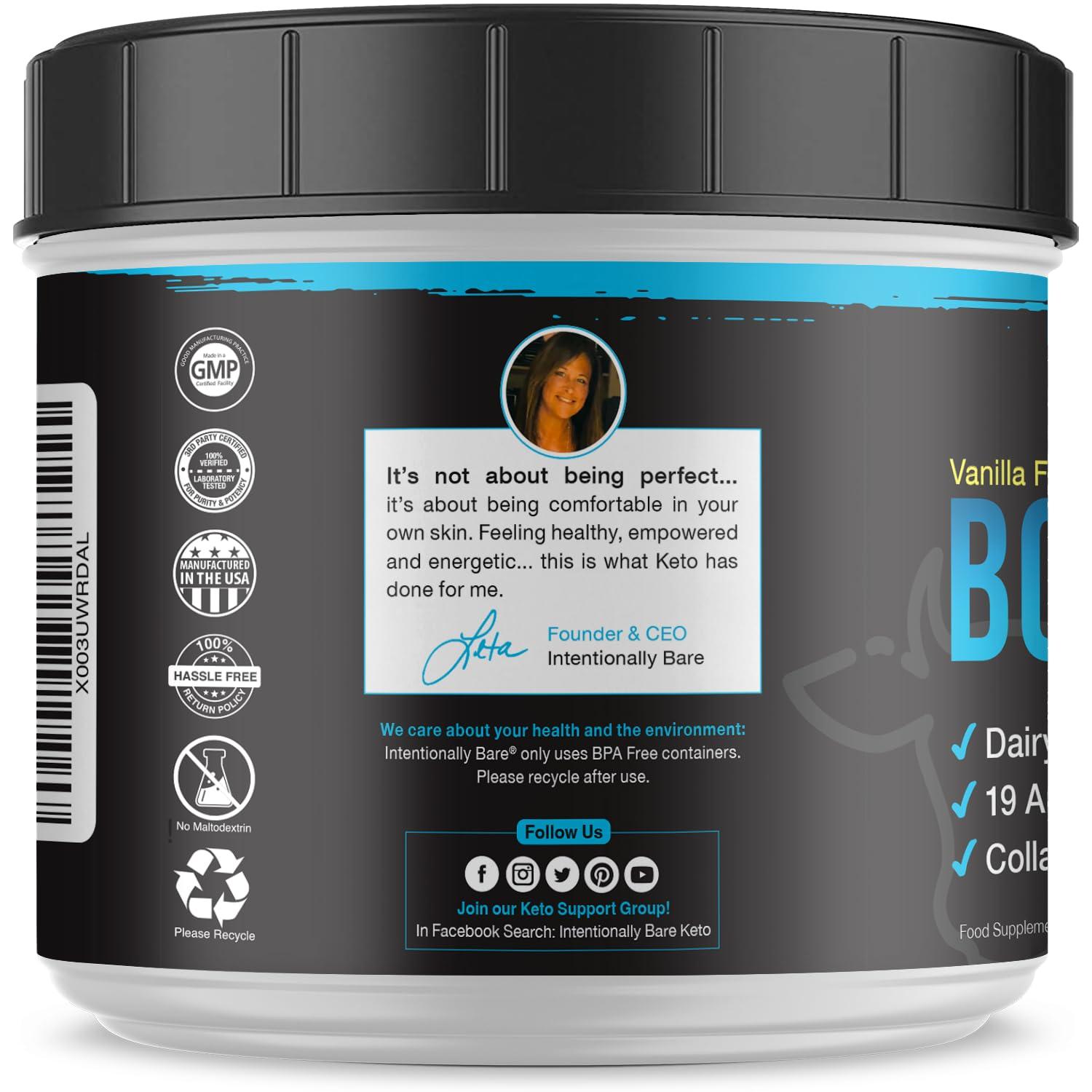 Intentionally Bare Intentionally Bare Bone Broth Organic Protein Powder Vanilla - Grass Fed Vanilla Protein with Collagen Types 1 2 & 3 - Keto Collagen Powder - Vanilla Collagen Powder for Joints & Gut - 20 Servings